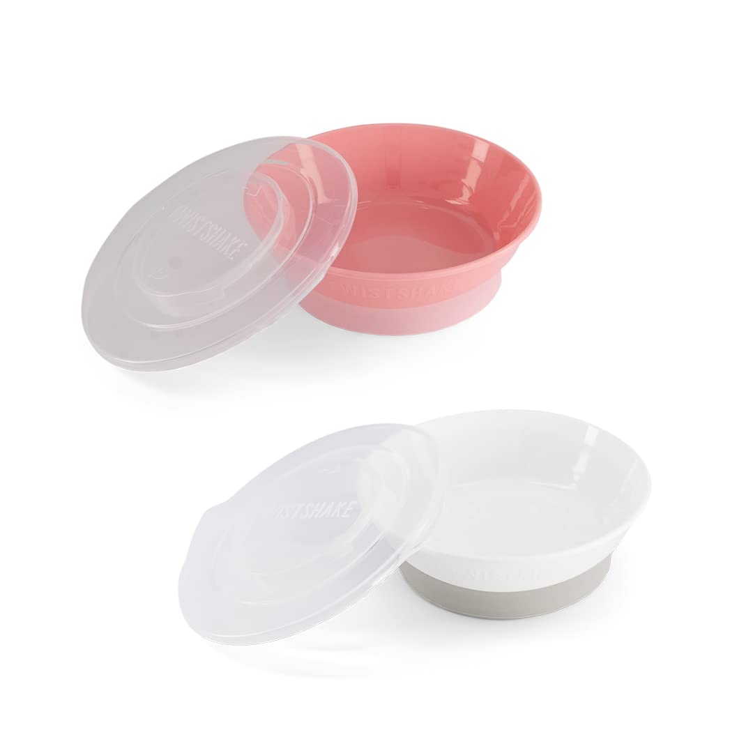 Twistshake 2X Baby Bowl | BPA-Free Baby Weaning Bowl with Airtight Lid | Baby Feeding Plate | Food Training Plate for Kids | Baby Food Bowl | Baby Cereal Bowl | Learning Bowl 6m+ | Pink White