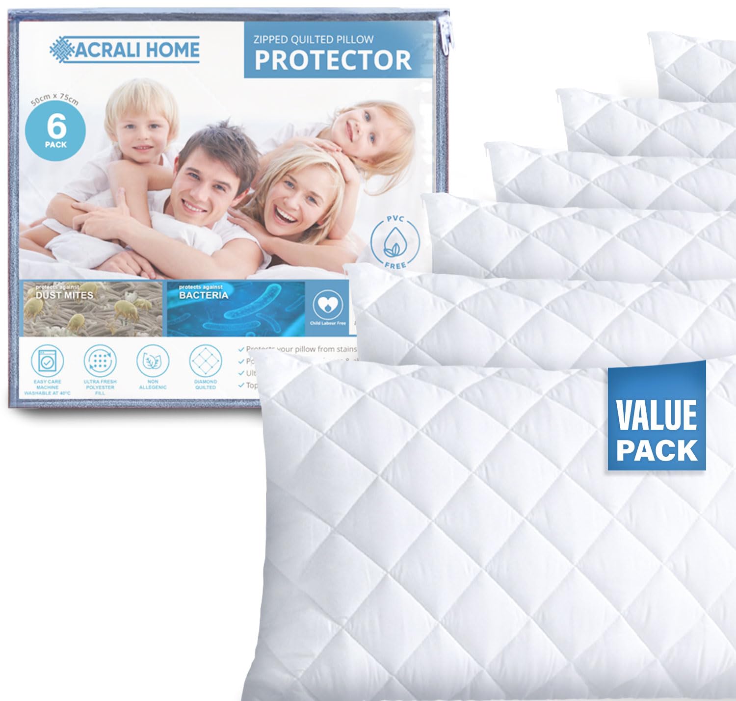 ACRALI HOME White Pillow Protectors 6 Pack–50x75 cm Quilted Pillow Cases with Zip for Firm Protection–Hypoallergenic, Soft and Breathable Luxurious Pillow Cover for Comfortable Sleep