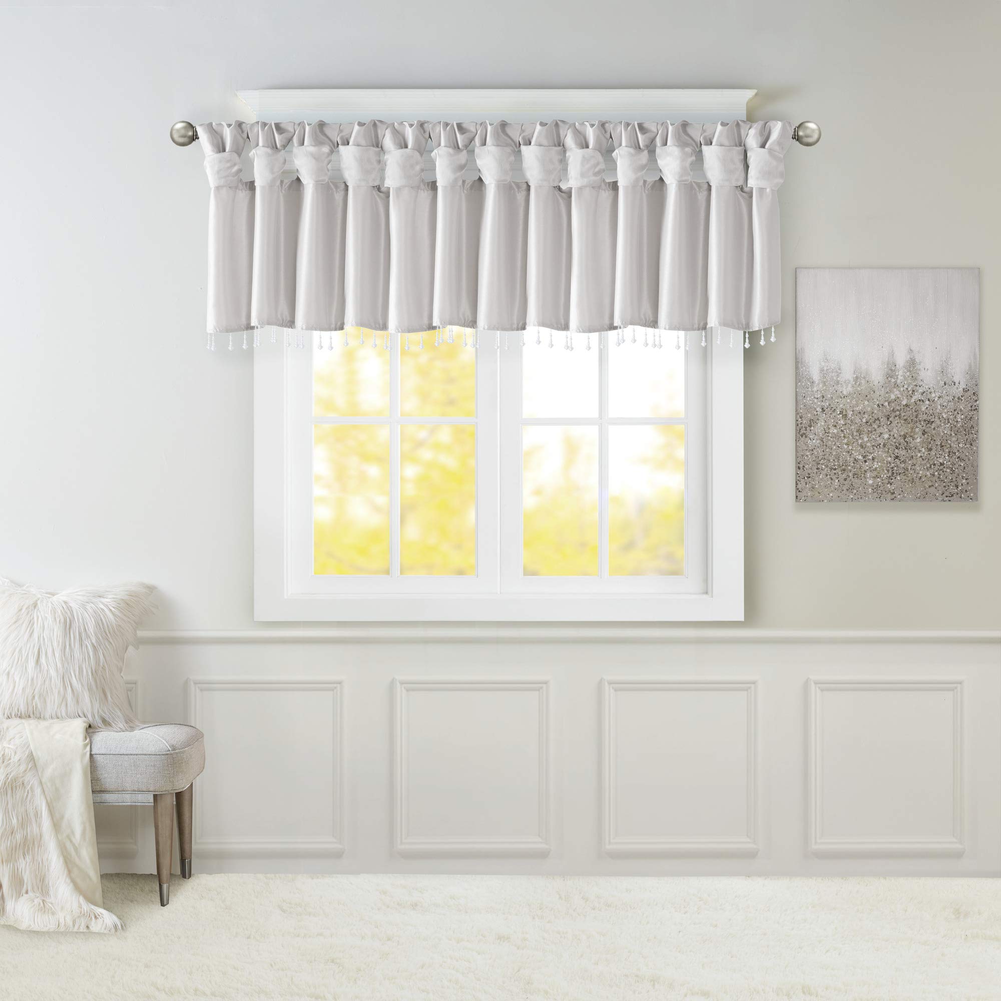 Madison Park Emilia Faux Silk Valance, DIY Twist Tab Top Finish with Beads, Window Valance Curtain for Living Room, Bedroom and Dorm, 26" L x 50" W, Silver