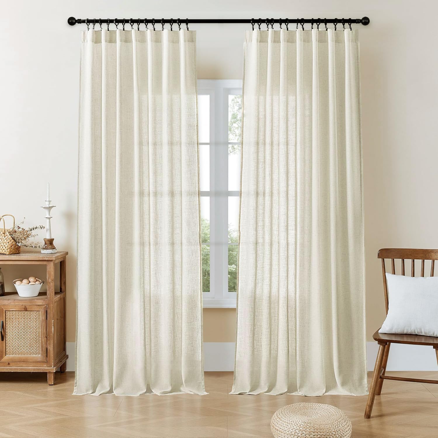 Joydeco Linen Curtains for Living Room,Semi-Sheer Curtains 96 Inches Long,Living Room Curtains 2 Panel Sets,White Curtains Pinch Pleated Curtains & Drapes(W52 x L96 Inch, Off-White)