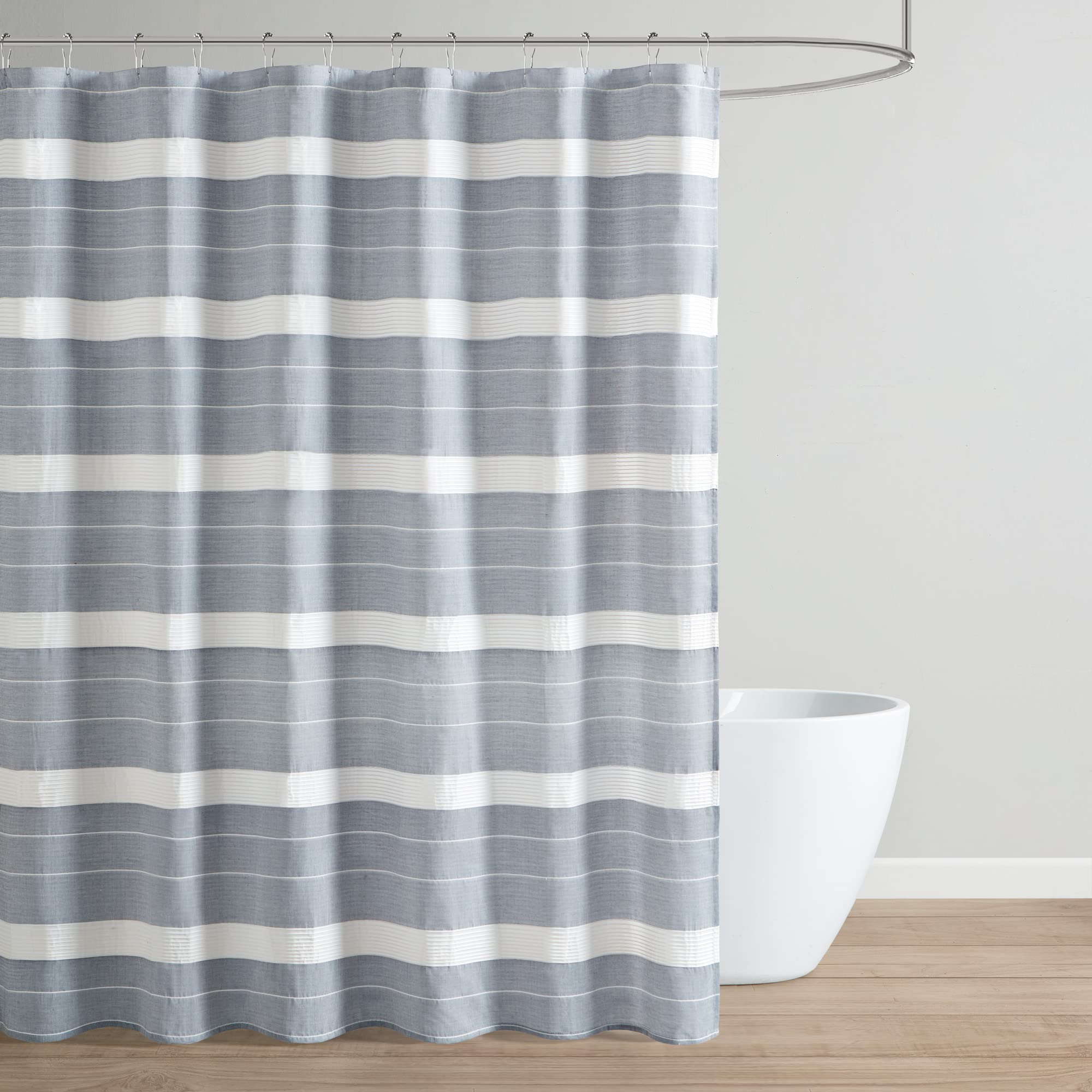 Martha Stewart Adrien Farmhouse Shower Curtain, Neutral Color Striped Design with Pleated Accent, Soft Woven Fabric Shower Curtain Boho Modern Bathroom Décor, Machine Washable 72" x 72", Denim