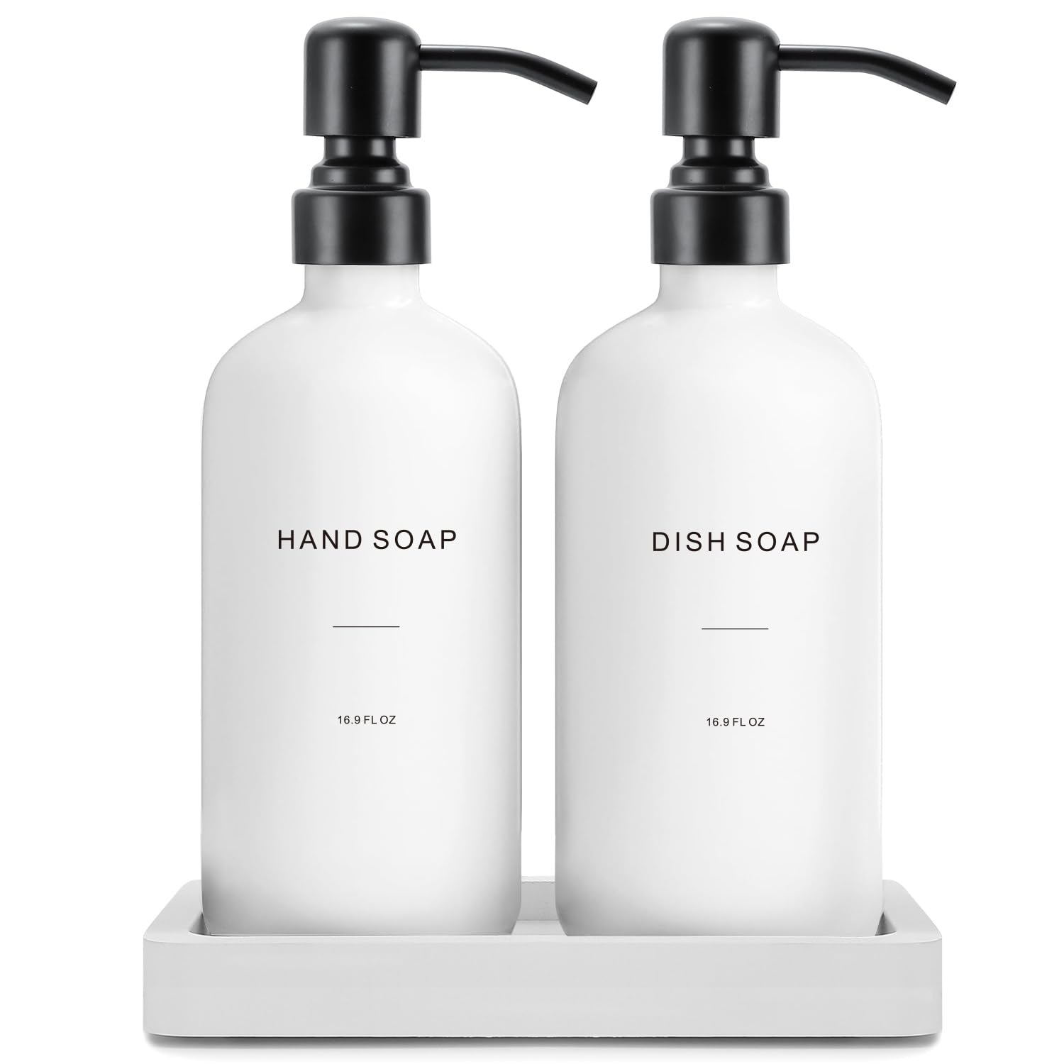 Prus Waso Kitchen Soap Dispenser Set, Contains Dish Soap Dispenser and Hand Soap Dispenser. White Soap Dispenser with Black Stainless Steel Pump, Perfect for Modern Kitchen Decor. (White), XHD-07