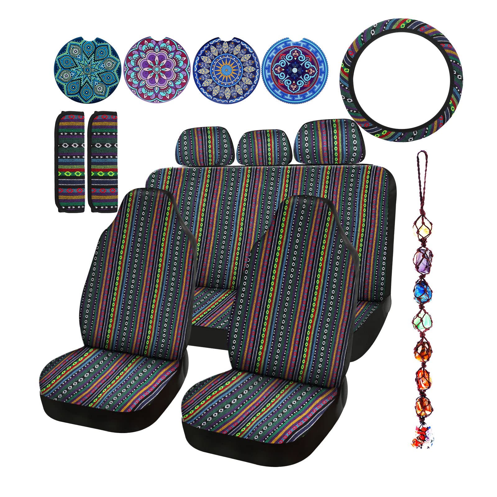 Frienda Baja Saddle Blanket Car Seat Covers Full Set Multicolor Stripe Boho Steering Wheel Cover Seat Belt Pads Crystal Hanging Ornament Automotive Interior Universal Fit Most Cars(Stylish Style)