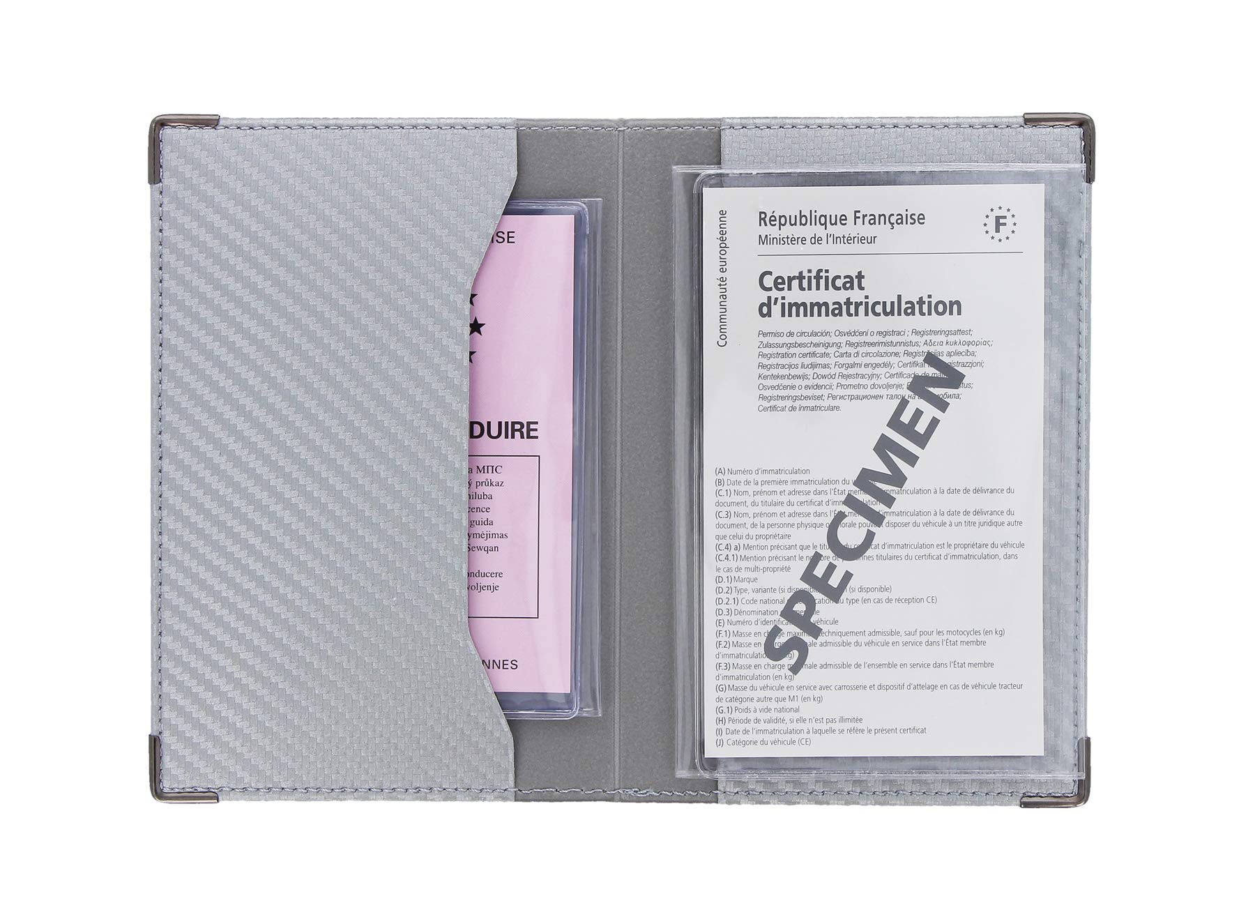 Color Pop Porte-Papiers Véhicule Finition Carbone Coloris Gris Argent + Étui Transparent pour Carte Grise