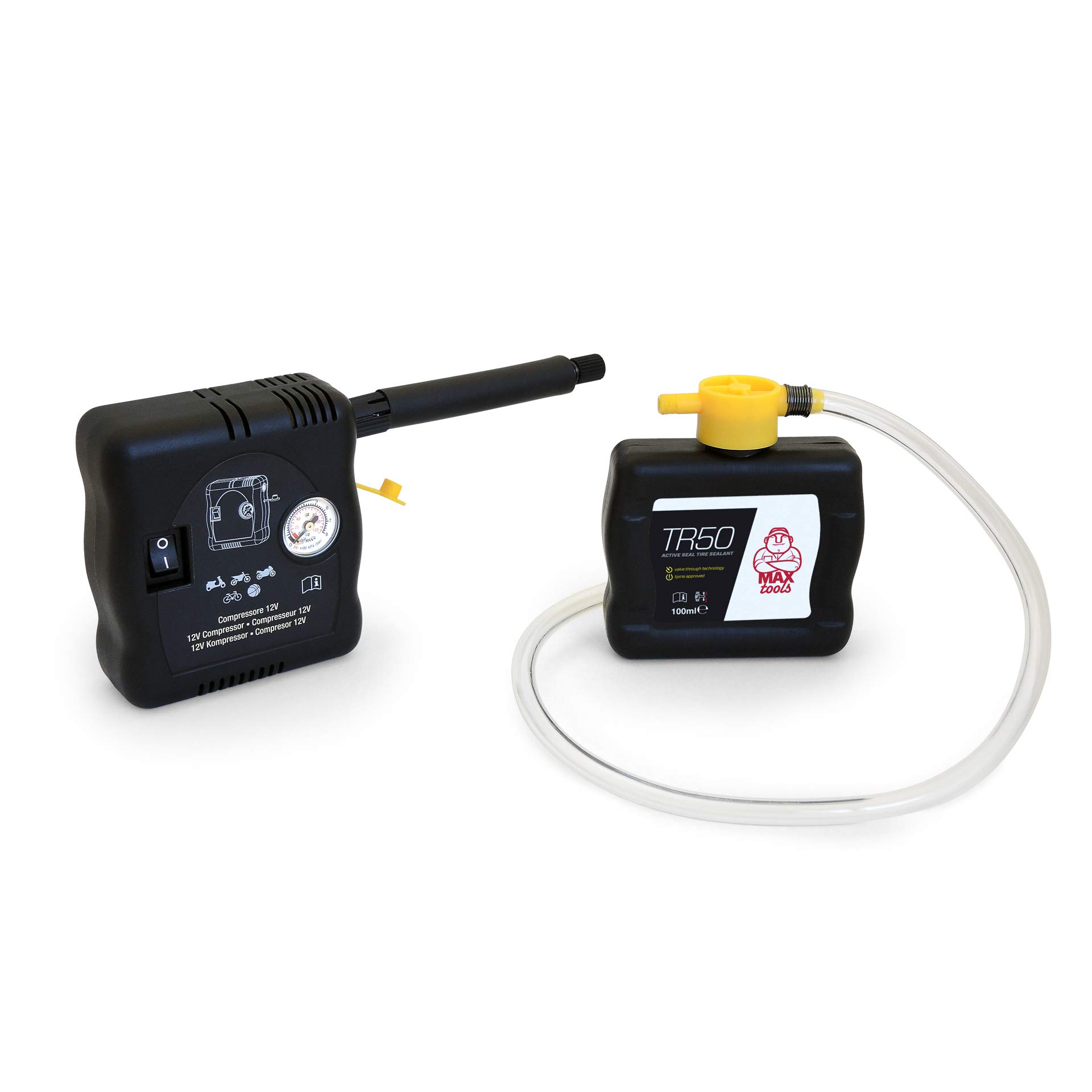 MAXTOOLS TR50, Compact Tyre Repair Kit for Motorcycles, Scooters and Bicycles with Compressor, Inflate and Repair, Ultralight, weight only 650g