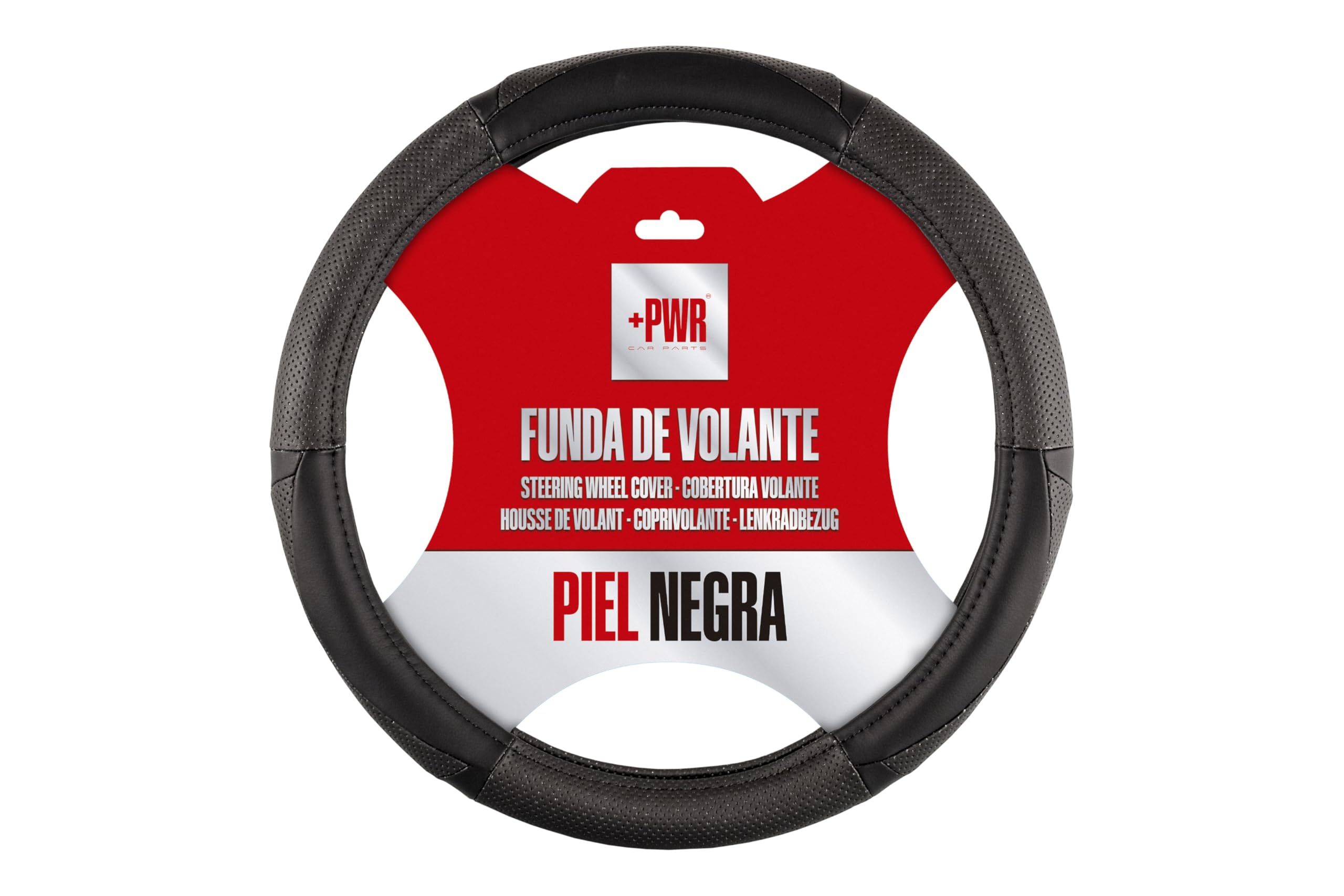 +PWR Car Parts Black Faux Leather Steering Wheel Cover Universal for Car Steering Wheels from 37 to 39 cm. Non-slip. Made leather + rubber.
