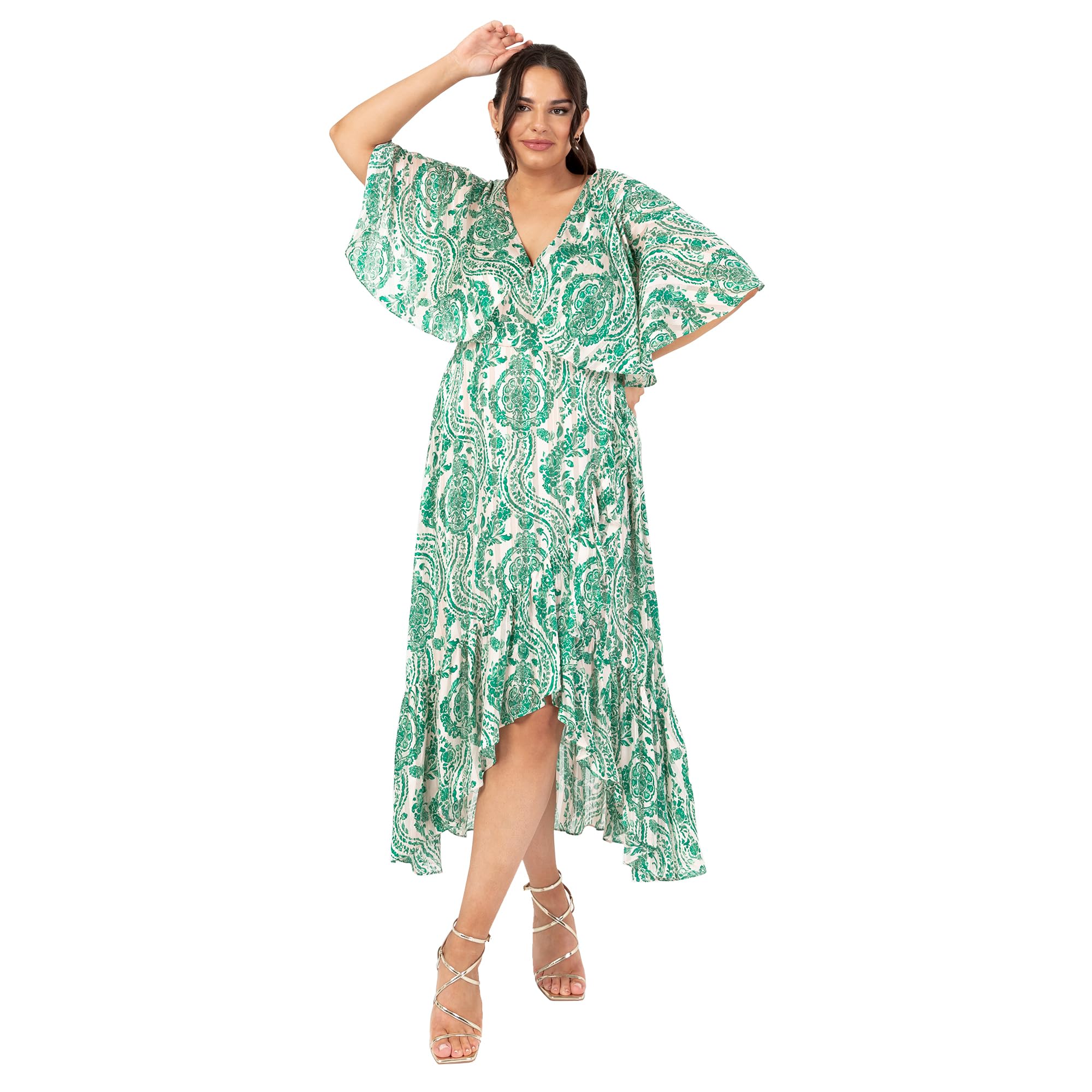 Lovedrobe Women's Ladies Midaxi Dress V-Neck Cape Sleeve Abstract Floral Print Ruffle Hi Low Hem Wrap Belted A-line Green 16