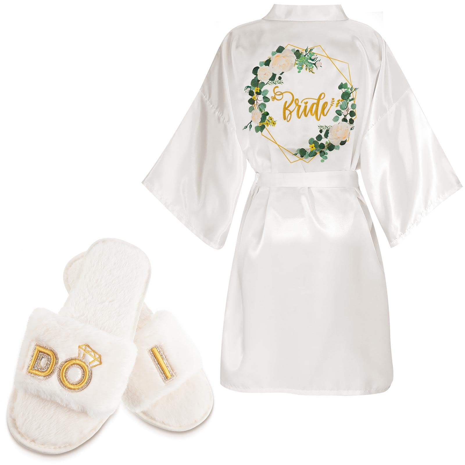 Jiuguva 3 Pcs Bride Robe and Slippers Bridesmaid Satin Bridal Shower Gift for Wedding Day Bachelorette Party M Style, White, Green, Medium