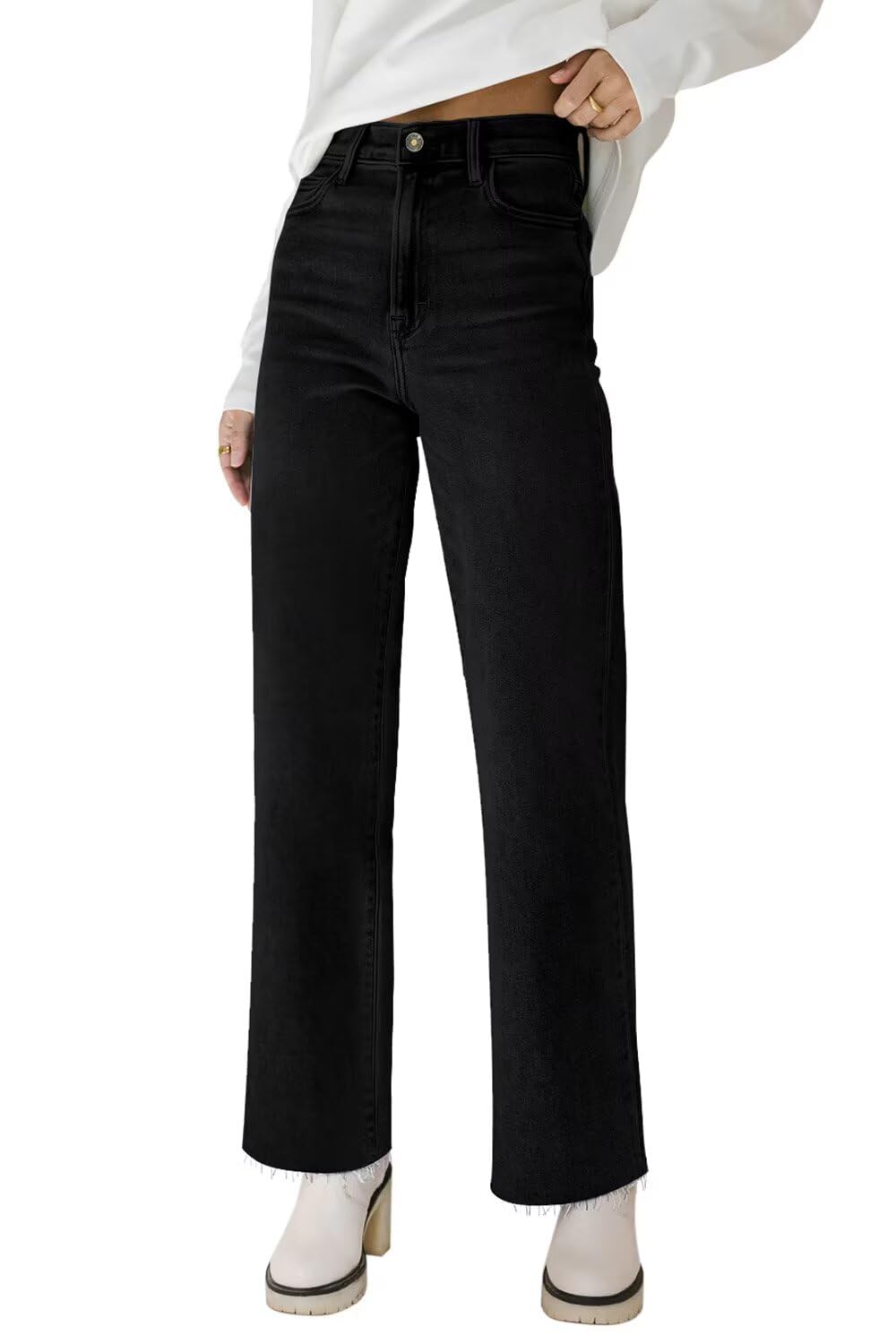 KDF Straight Leg Jeans for Women High Waisted Jeans Frayed Baggy Pants Raw Hem Loose Stretchy Cropped Wide Leg Jeans, #0921_black(frayed Raw Hems), 10
