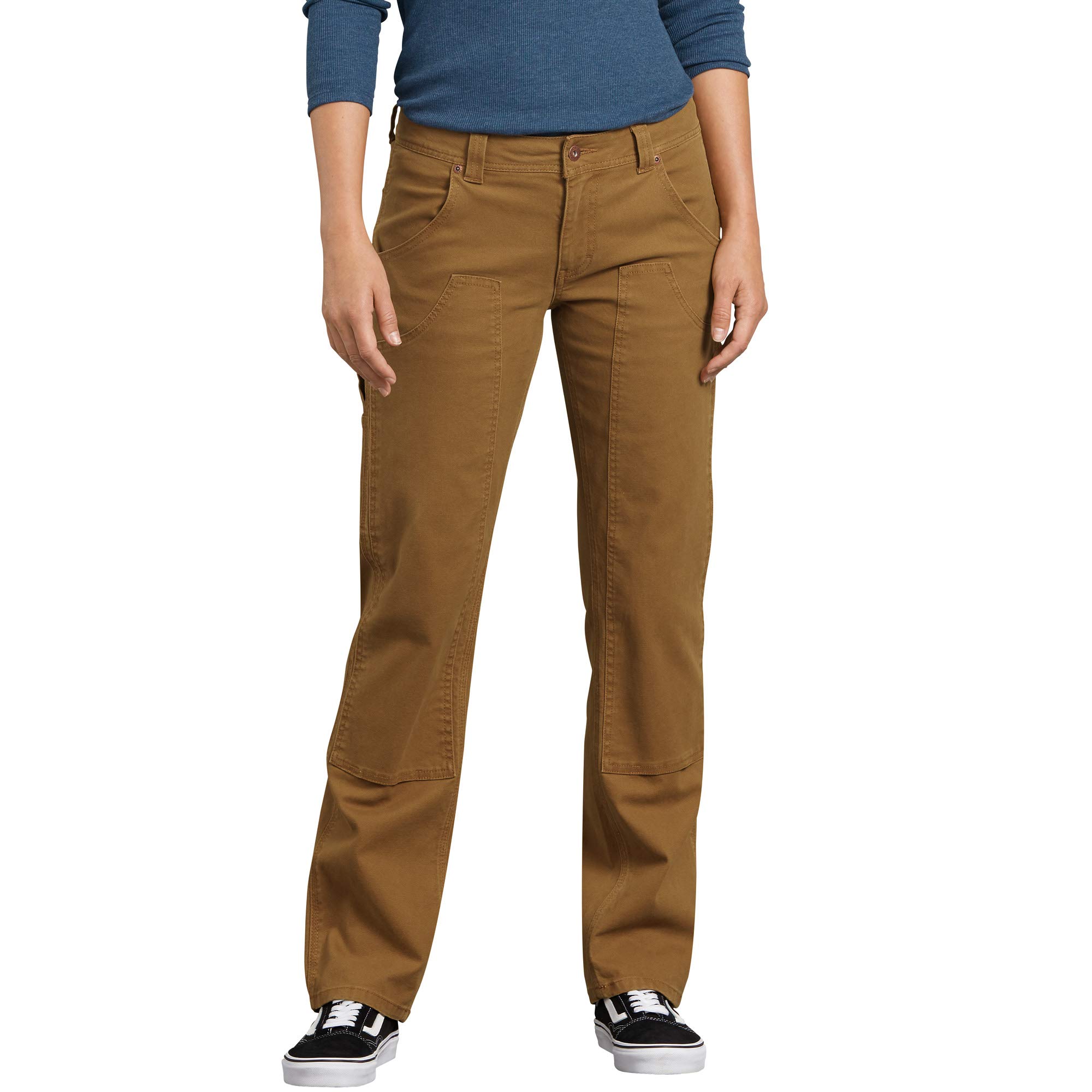 Dickies Women's Stretch Double Front Carpenter Pant Work Utility, Rinsed Brown Duck, 6