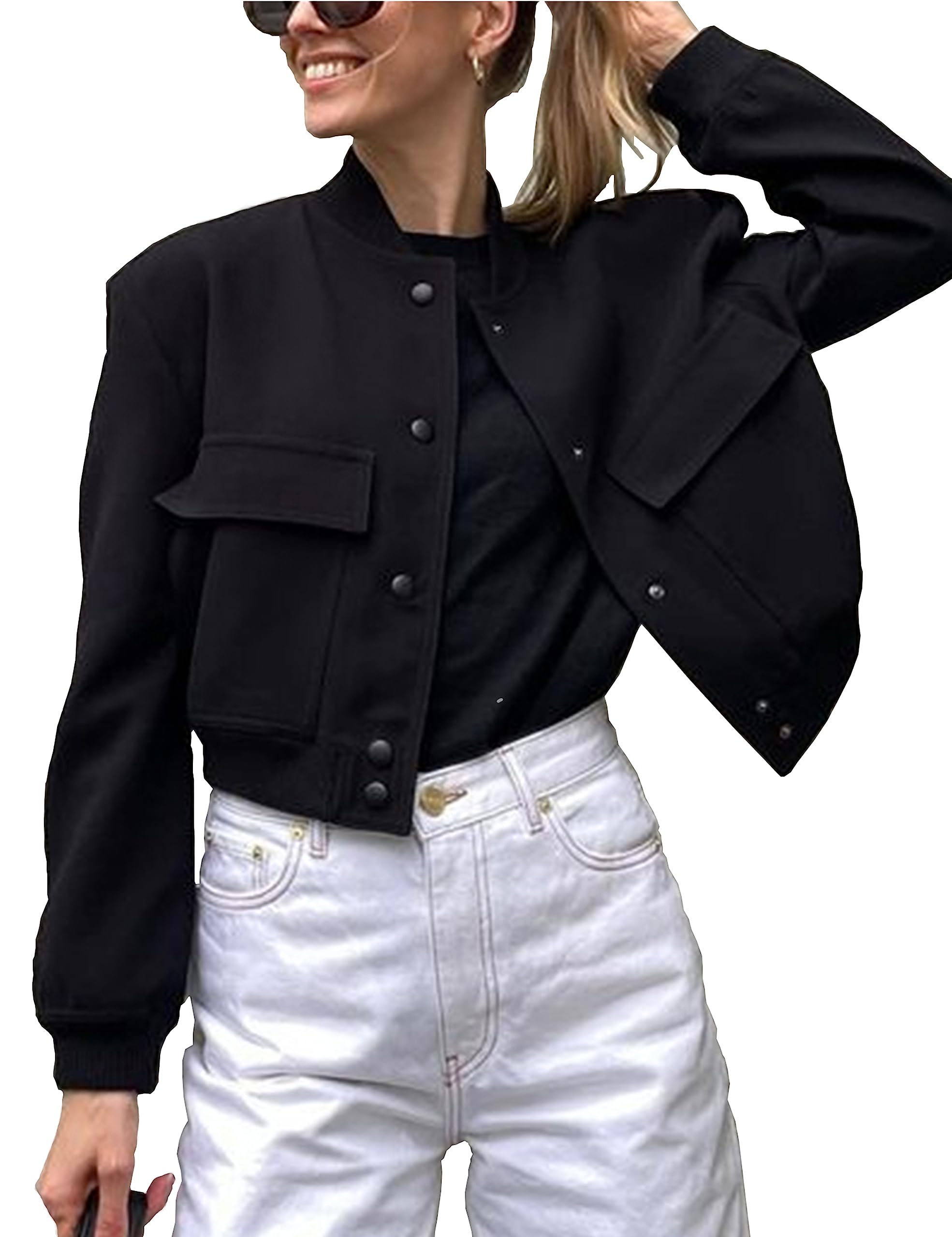 Megfie Short Bomber Jacket with Buttons for Women, College Jacket with Pockets, Black, XS