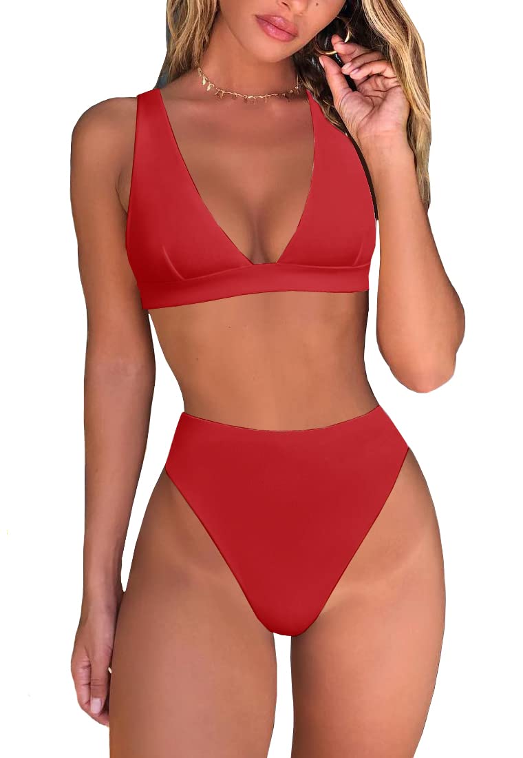 Fatty Tiger Womens High Waisted Thong Bikini Sets Sexy Brazilian Triangle Top Deep V Neck Two Piece Swimsuit Bathing Suits, Red, X-Large