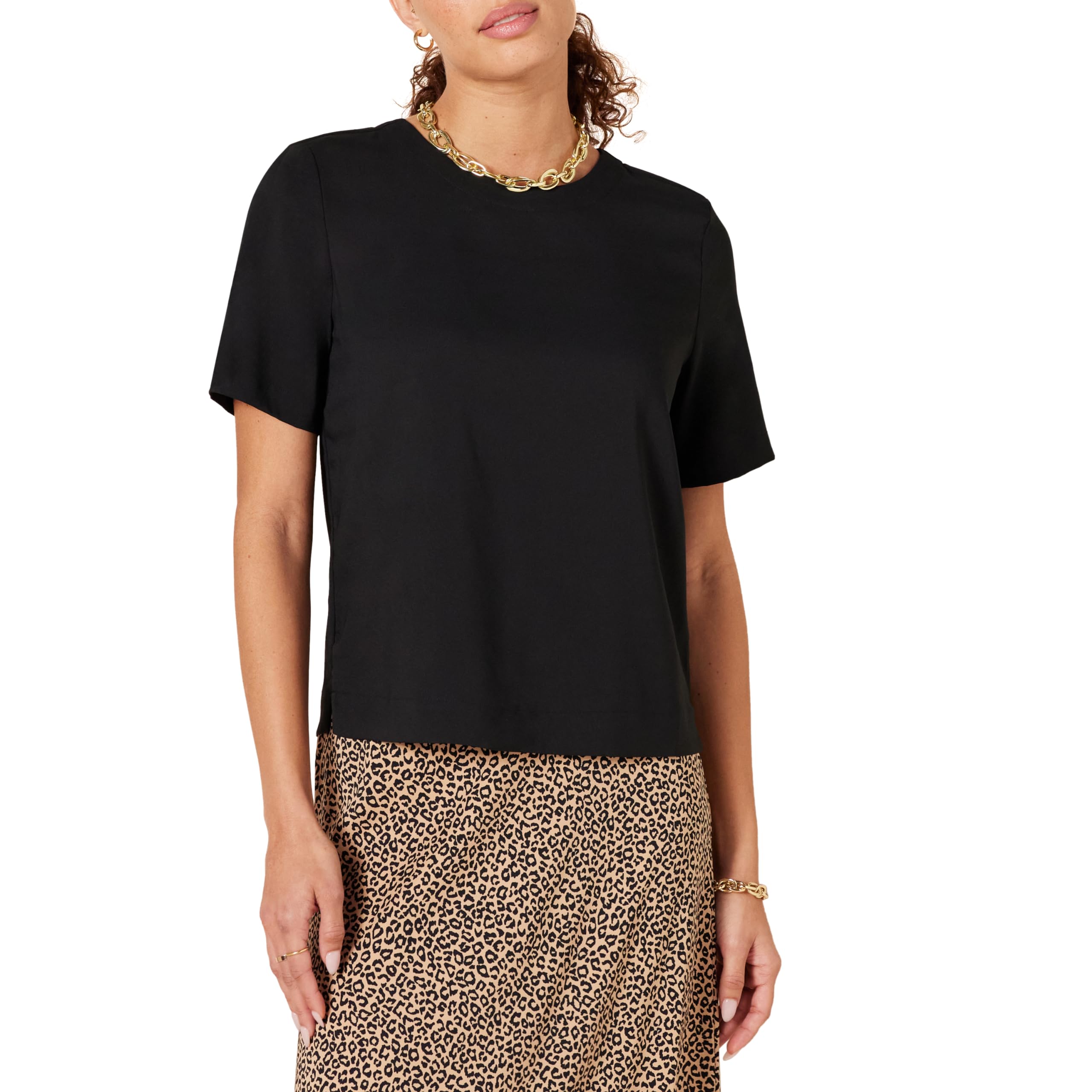 Amazon Essentials Women's Regular-Fit Georgette Short-Sleeved Top, Black, XS