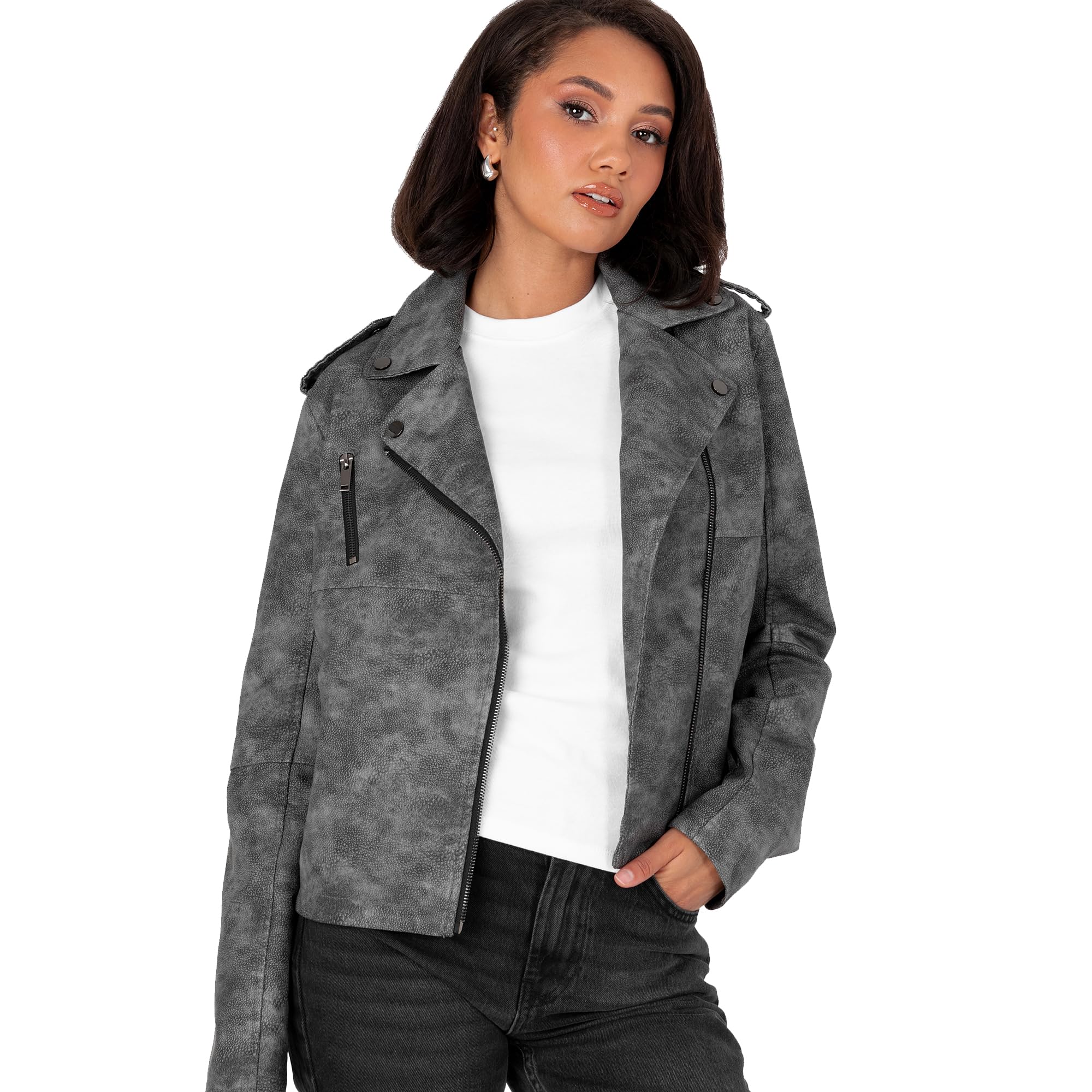 Lovedrobe Women's Biker Jacket Ladies Soft Faux Leather PU Studded Collar Distressed Long Sleeve Zip Pockets Casual Coat, Black 46, black, 20