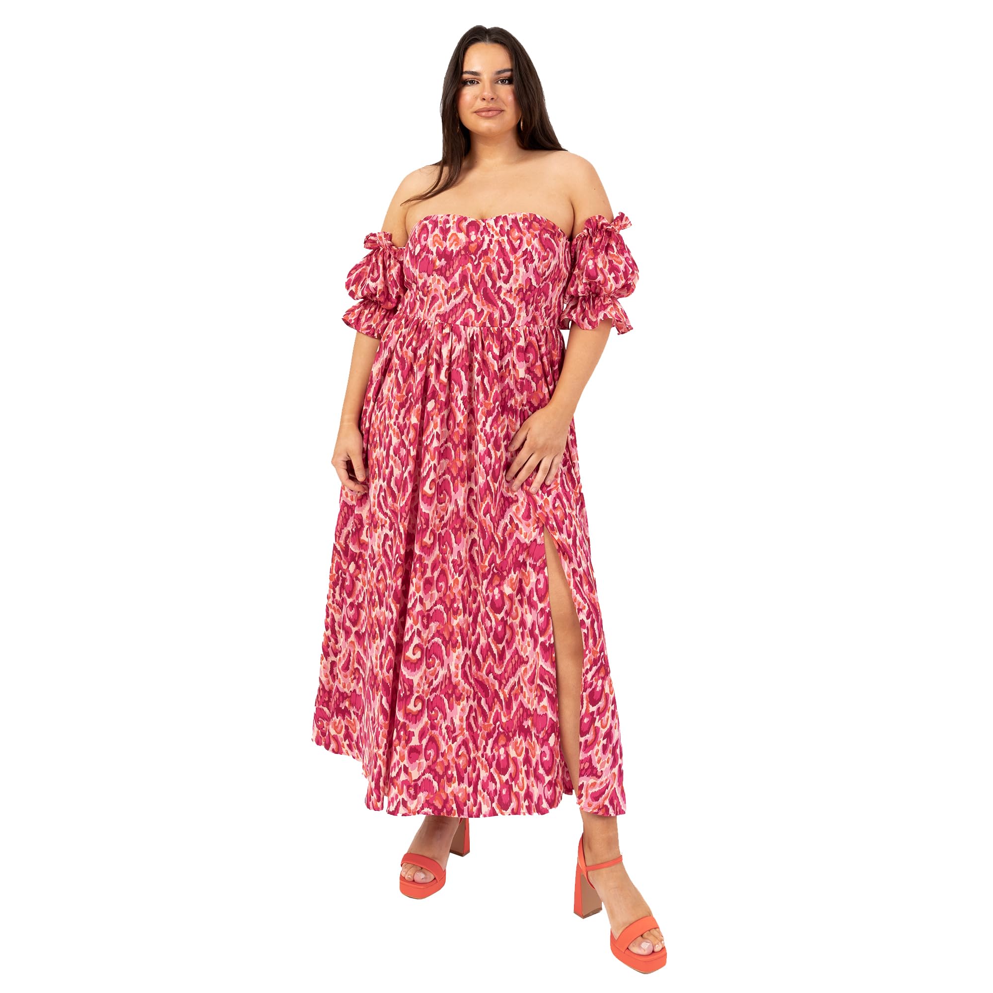 Lovedrobe Women's Ladies Midaxi Dress Bardot Off-The-Shoulder Neckline Short Ruffle Sleeve A-line Split Leg Abstract Print Pink 18