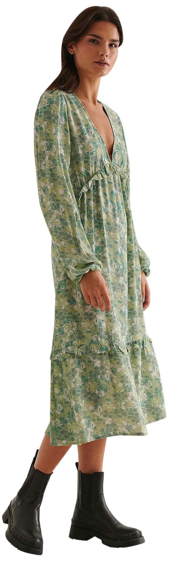 NA-KD Women's Balloon Sleeve Midi Frill Casual Dress, Green Flower, 8 UK