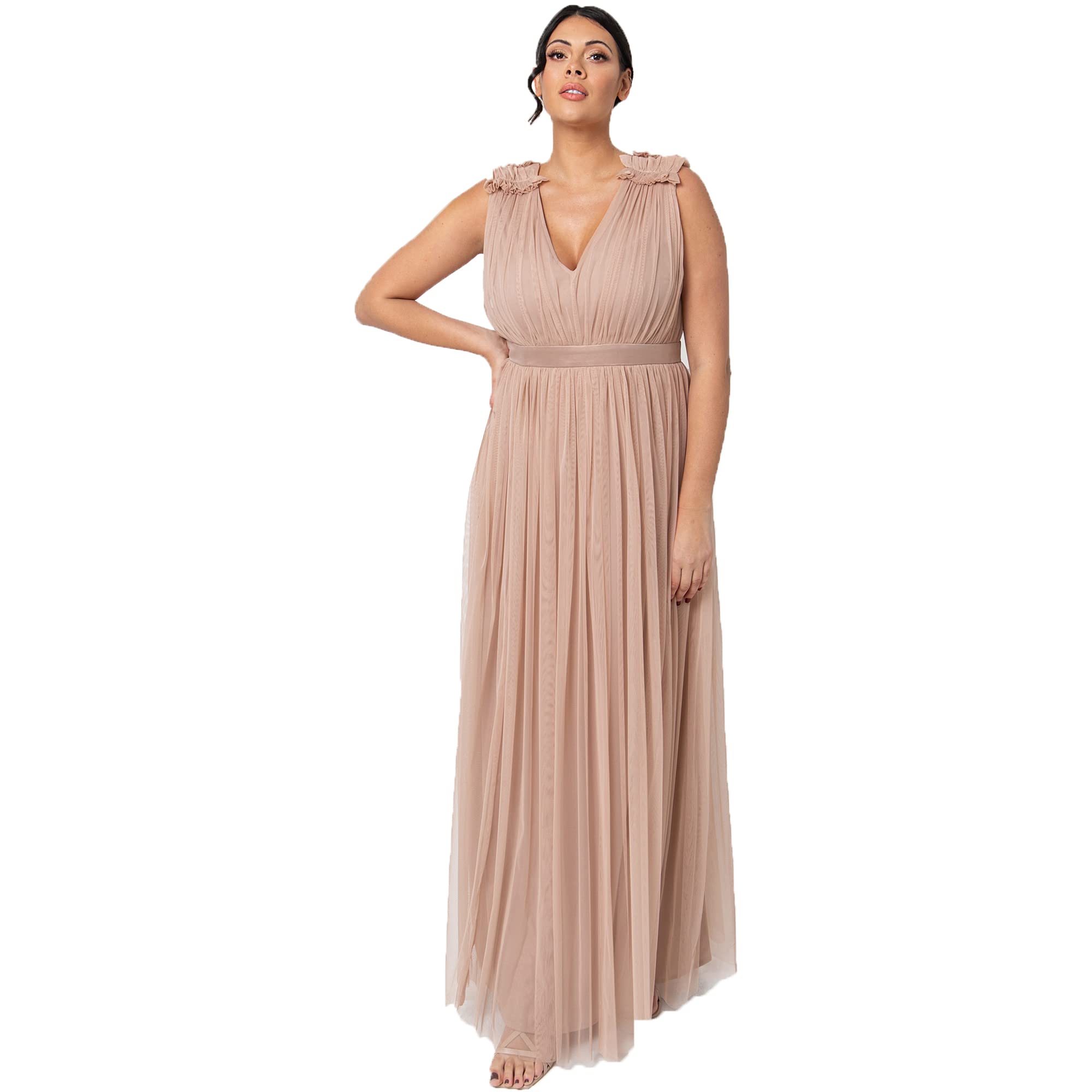 Maya Deluxe Women's Ladies Maxi Dress with Ruffle V Neck Sleeveless High Empire Waist Long for Prom Guest Wedding Bridesmaid, Taupe Blush, 16