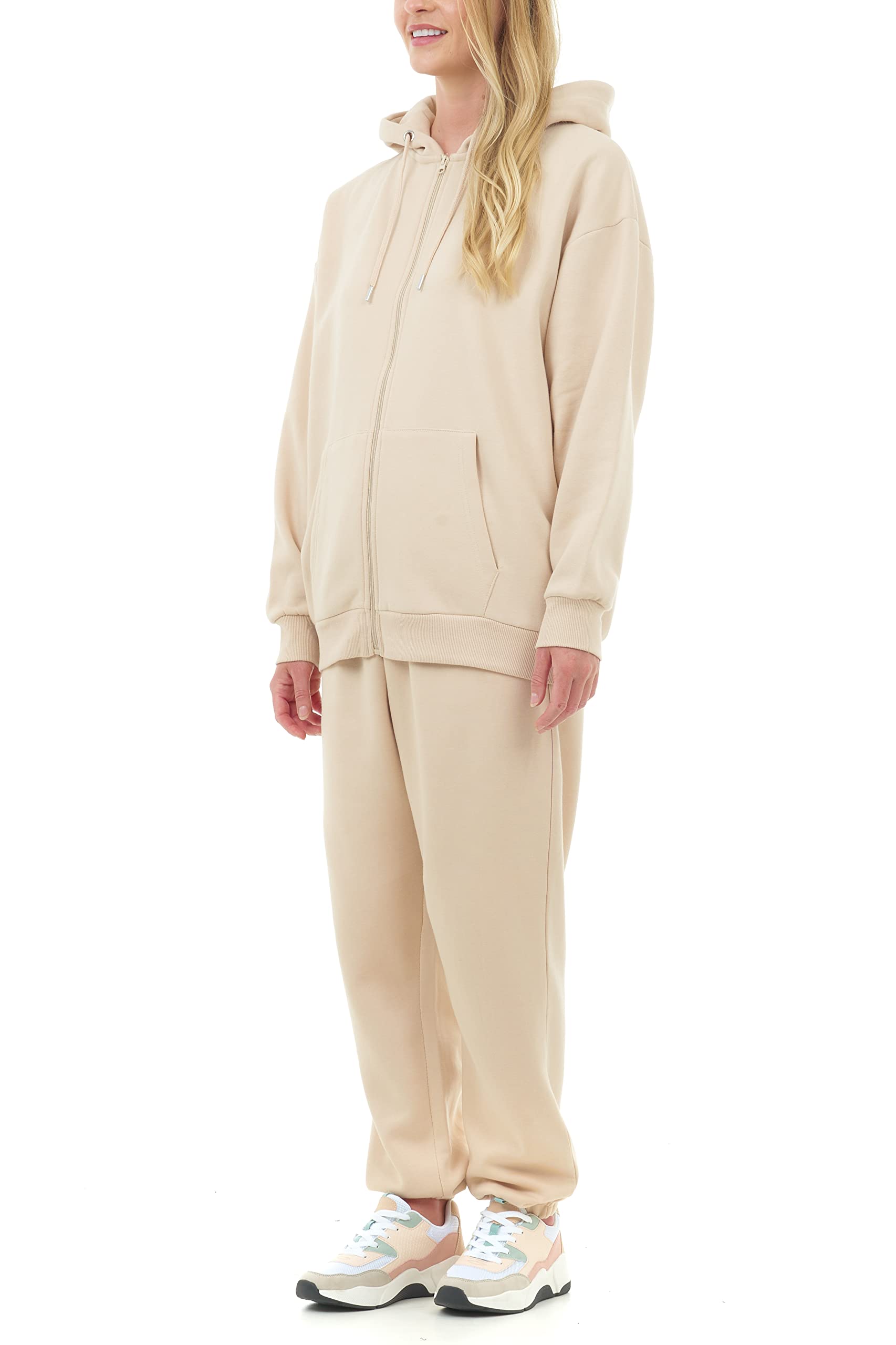 M17 Womens Ladies Recycled Zip Up Oversized Hoody Soft Casual Hooded Zipper Sweatshirt Top Long Sleeve with Pockets (XS, Stone), 5056242846161