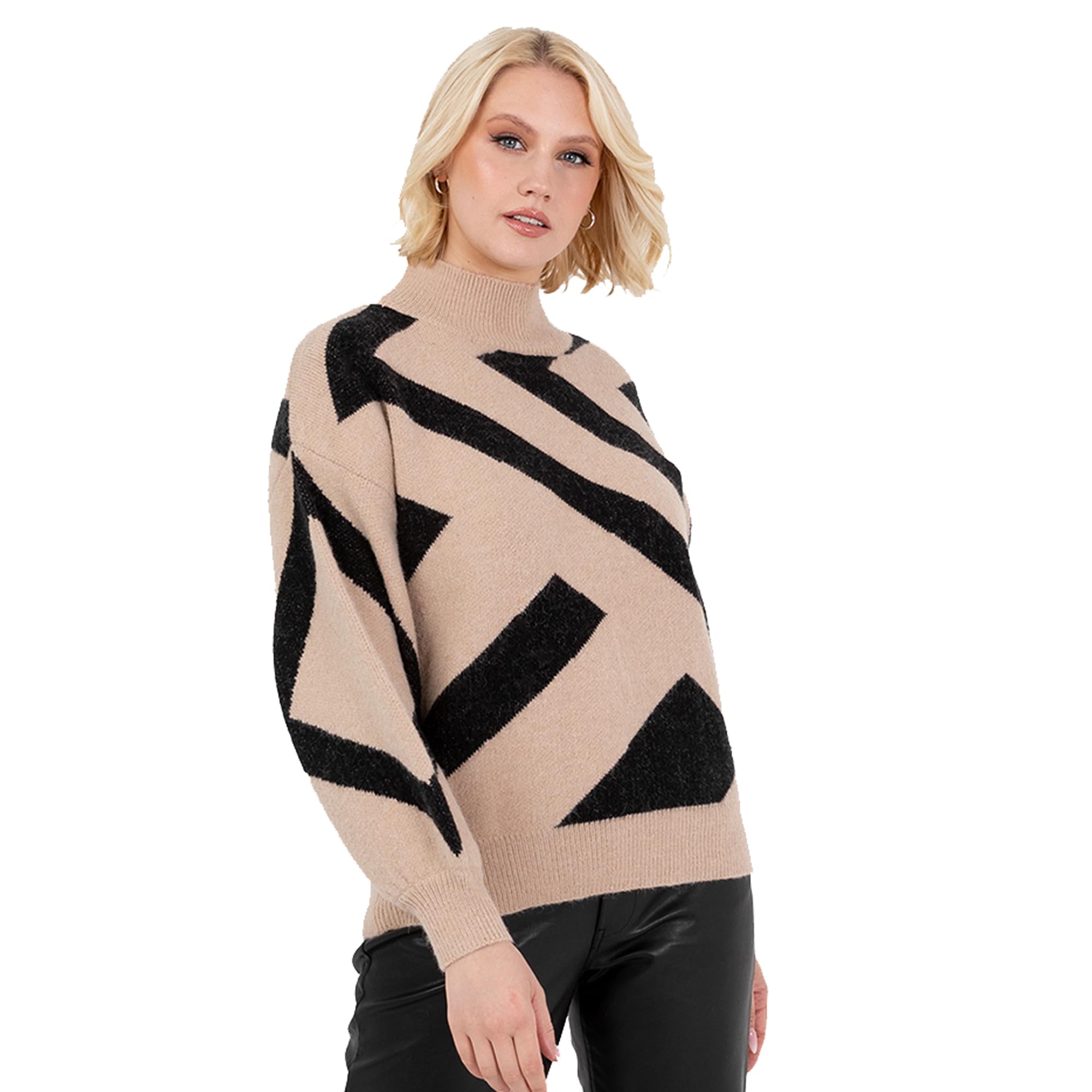 Lovedrobe Women's Jumper Ladies High Neck Long Balloon Sleeve Sweater Geometric Jacquard Button Detail Casual Knitwear Pullover, Camel 12-14