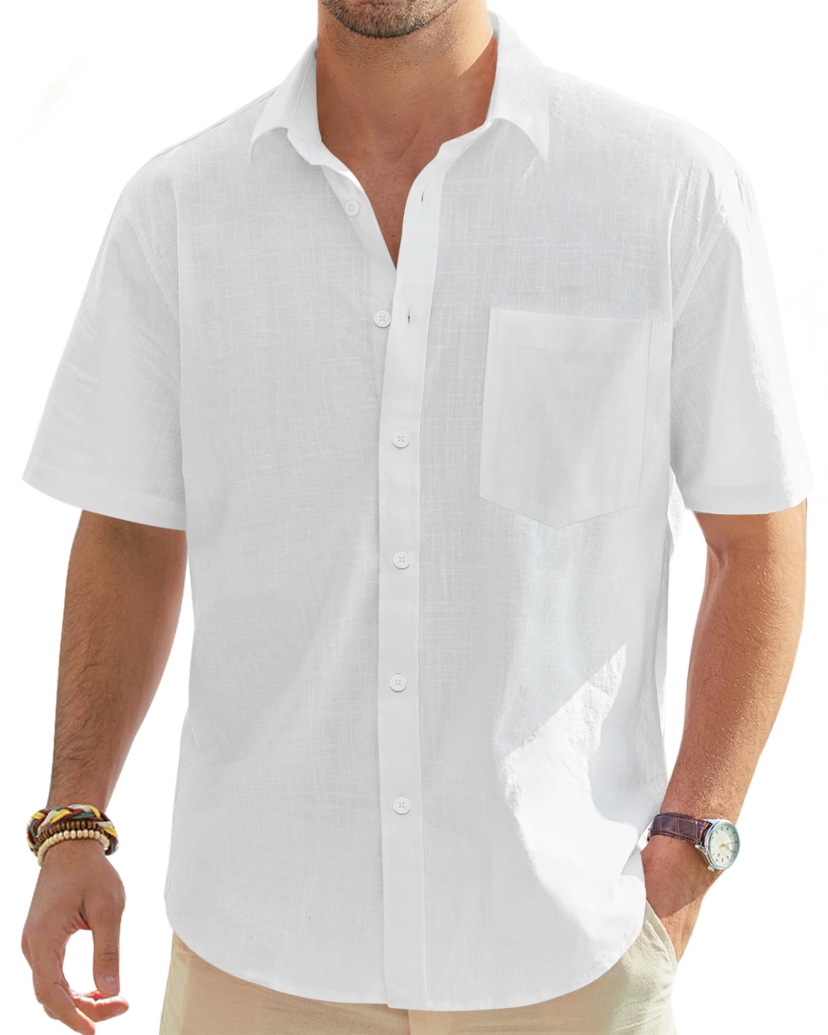 J.VER Men's Cotton Linen Short Sleeve Shirts Casual Lightweight Button Down Shirt Beach Summer Tops with Pocket, White, XL