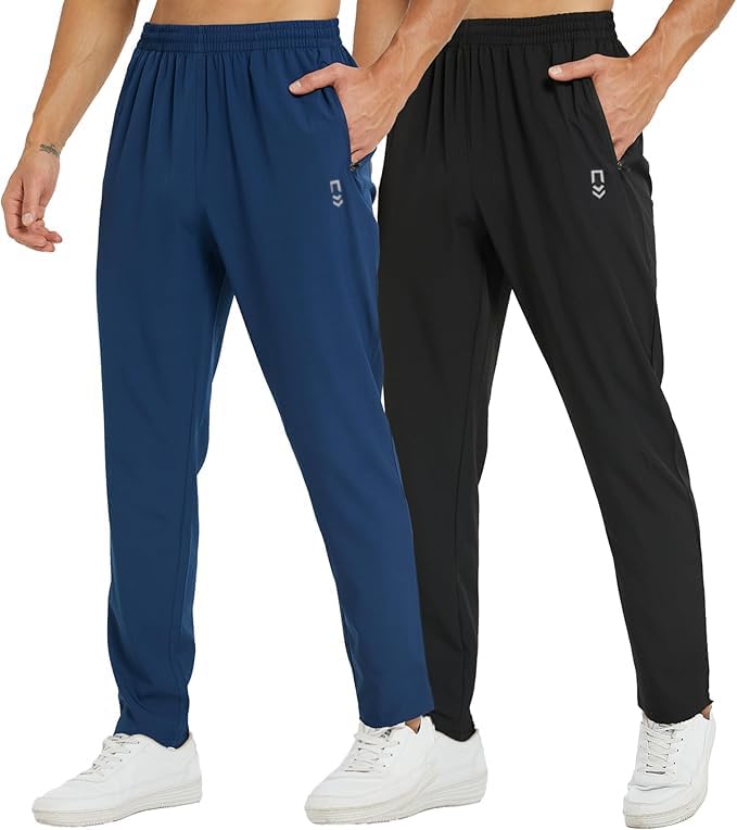 frueo 2 Pack Tracksuit Bottoms Men Lightweigt Jogging Trousers with Zipper Pockets Work Joogers Fit Sport Casual Sweatpants for Running Gym Training(0601) Black Navy-XL