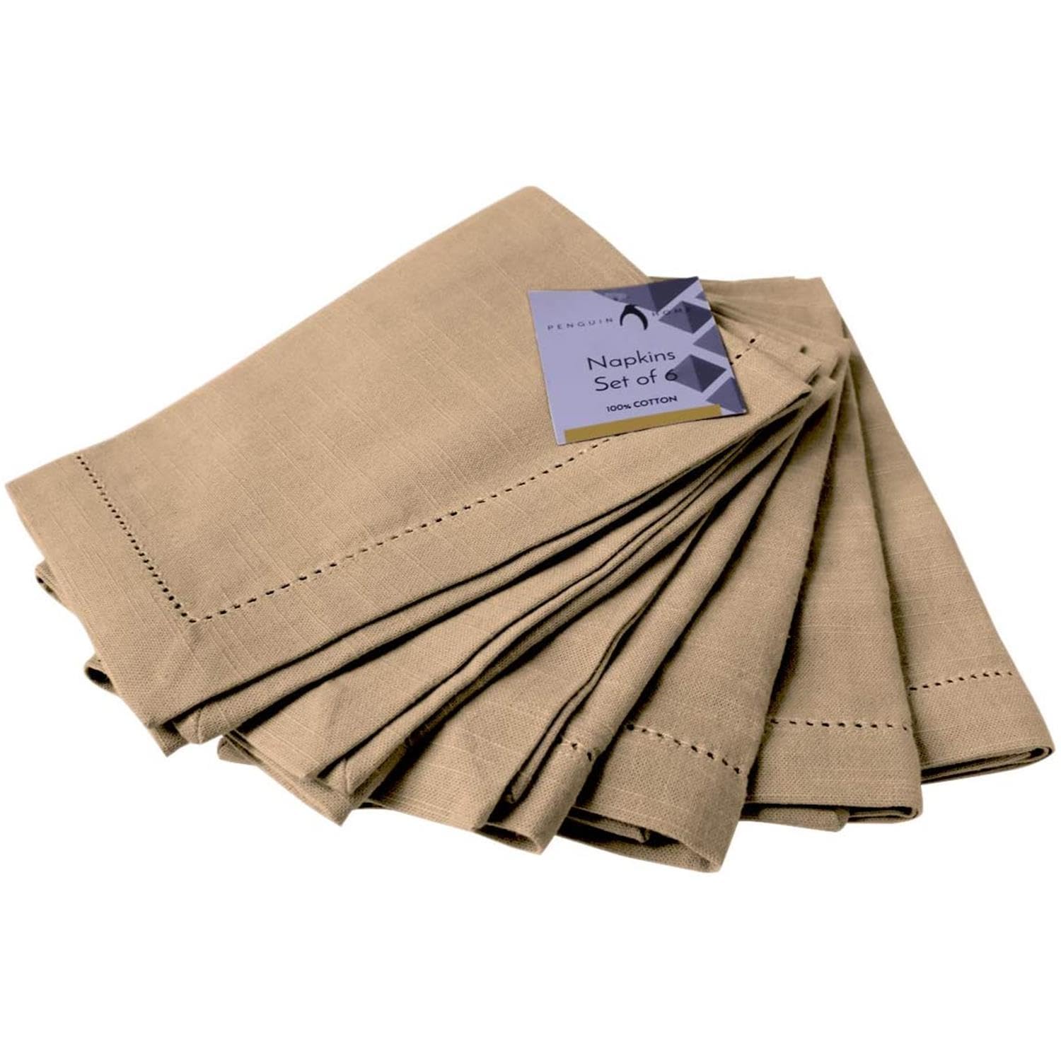 Penguin Home Hemstitched Pure Cotton Washable and Reusable Oversized Kitchen Cloth Napkins 6 Pack, Cloth Napkins for Table Dining, Events, Parties, Hotel, Lunch - 50x50 cm, Beige, Set of 6 (GSM 190)