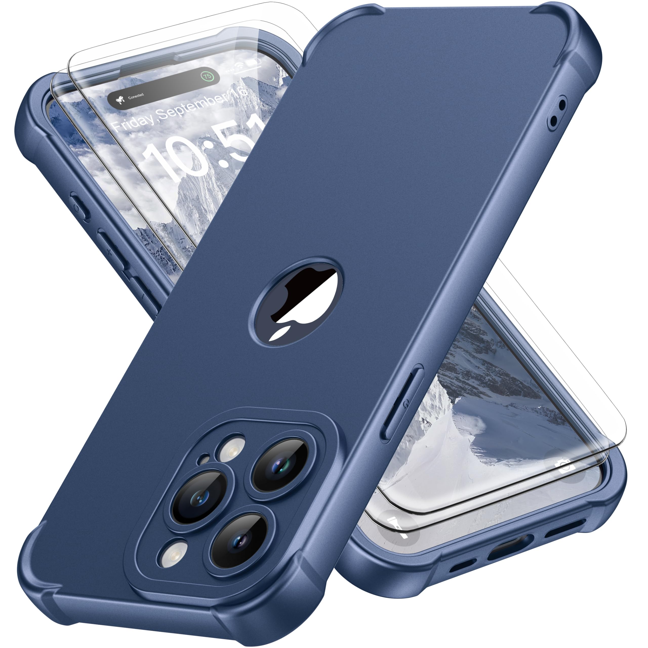 ORETECH for iPhone 15 Pro Max Case 6.7 inch, with [2 Pack Screen Protector] [Camera Lens Guard] [15FT Military Grade Drop Test] 360° Shockproof Slim Fit Design Rubber Bumper Phone Cover - Blue