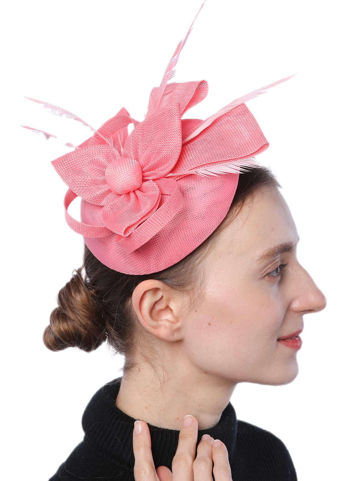 Biruil Women's Fascinator Hat Imitation Sinamay Feather Tea Party Pillbox Flower Derby, Za Pink, One Size