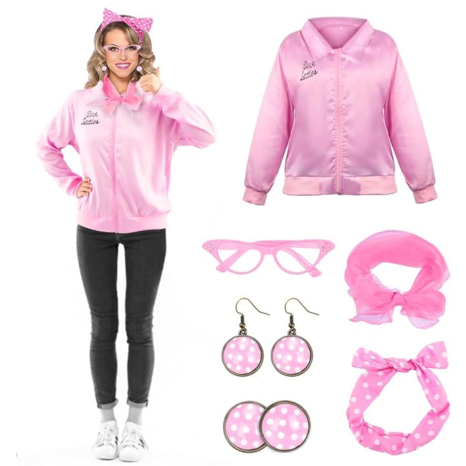 Pink Ladies Jacket Fancy Dress for Ladies Jacket Grease Fancy Dress Costumes for Adults- 1950s Accessories for Women Pink Outfit with Pink Glasses Headband Silk Scarf Earrings for Lady Teenage Girls