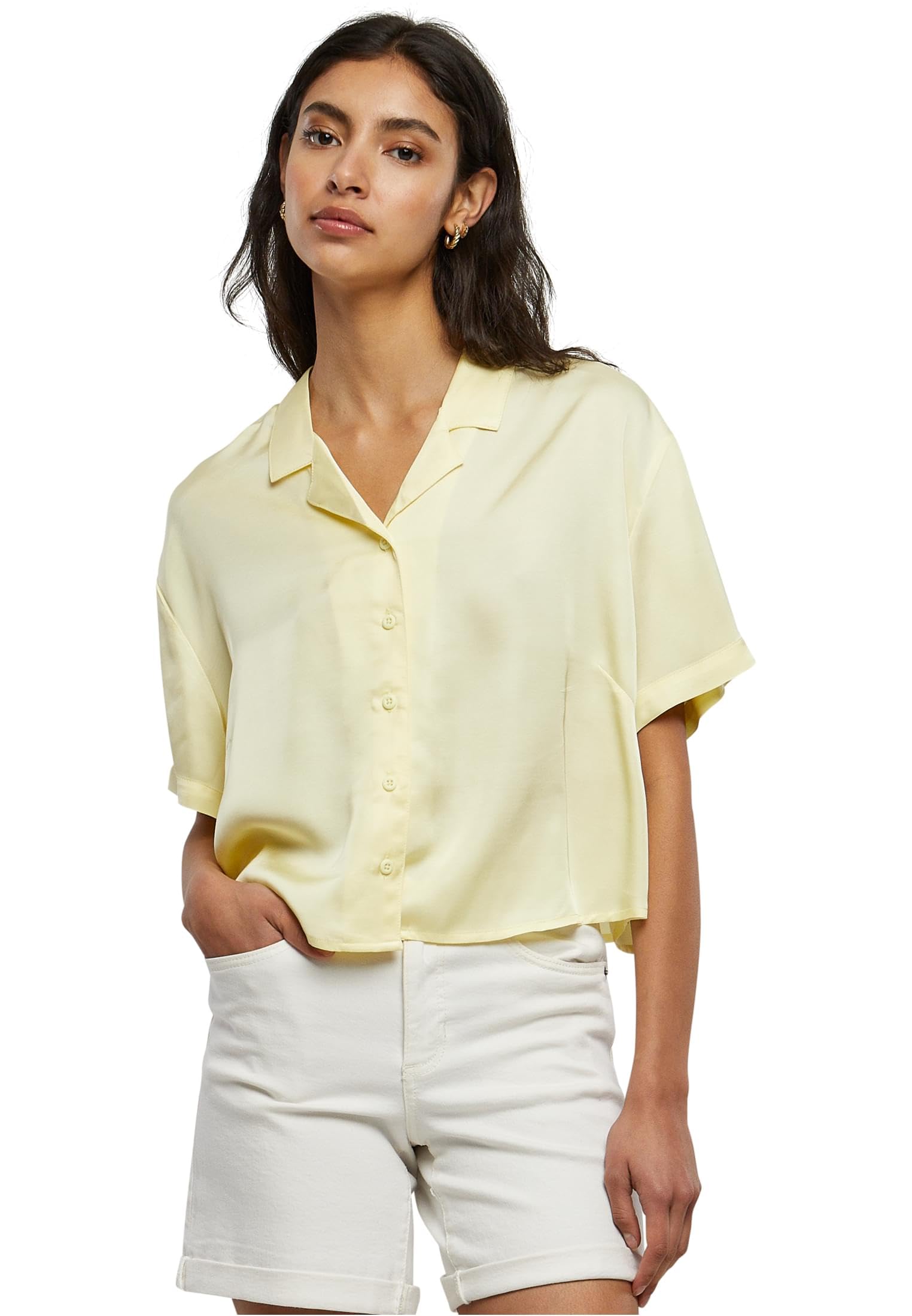 Urban Classics Women's Ladies Viscose Satin Resort Shirt, Soft Yellow, 3XL