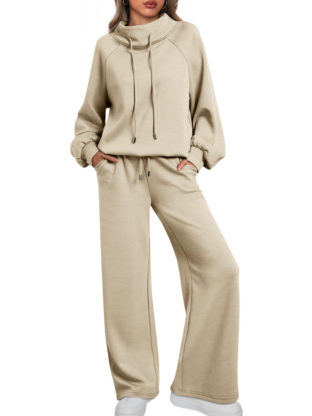 AUTOMET Lounge Sets for Women Sweatsuits 2 Piece Outfits 2025 Fall Drawstring Sweatshirt Wide Leg Sweatpants Tracksuit, Apricot, X-Large