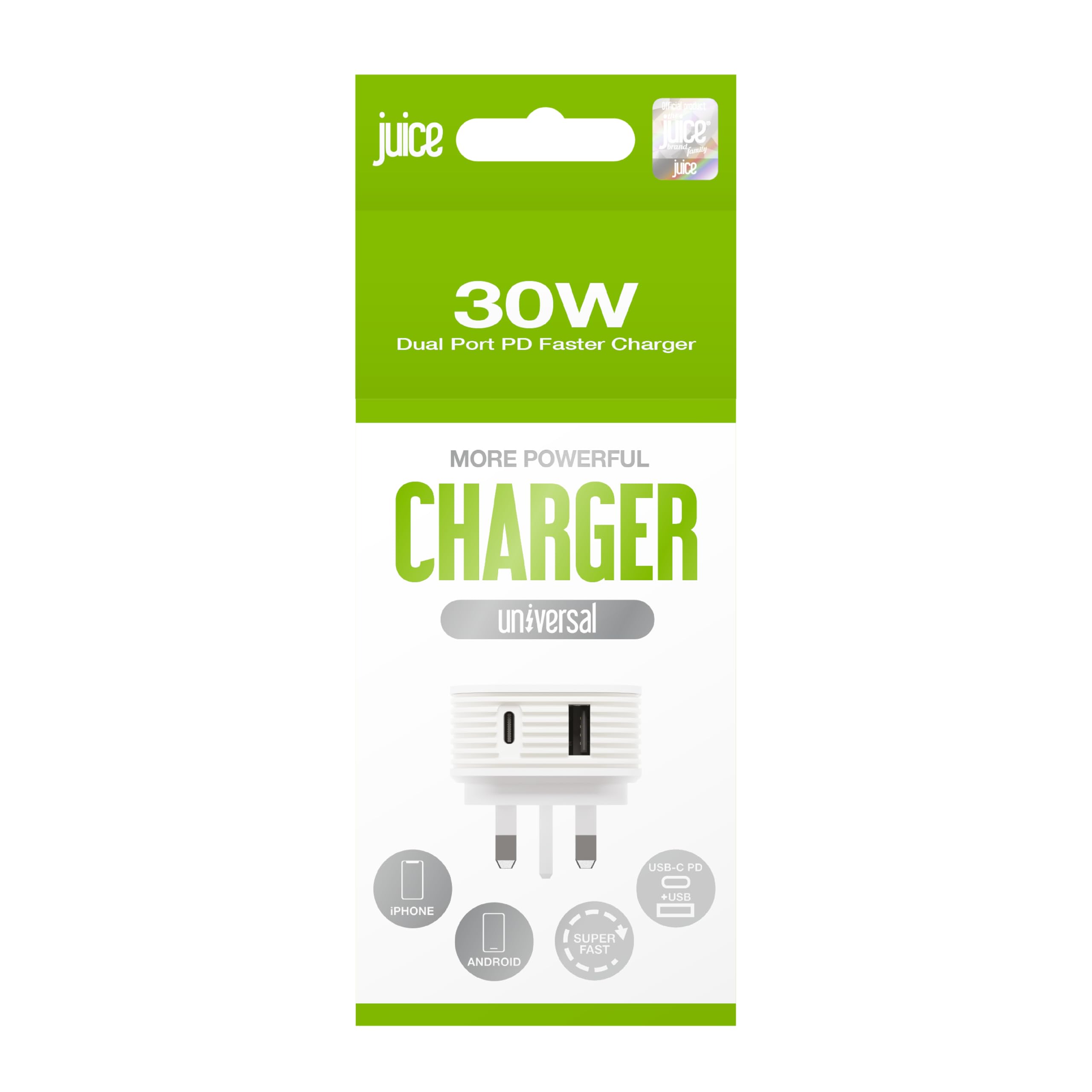 Juice 30W Dual Port Fast Charger Plug USB-A & USB-C, Fast Charge Smartphones and Tablets, Power Delivery, Compact Design with Sure Grip Technology