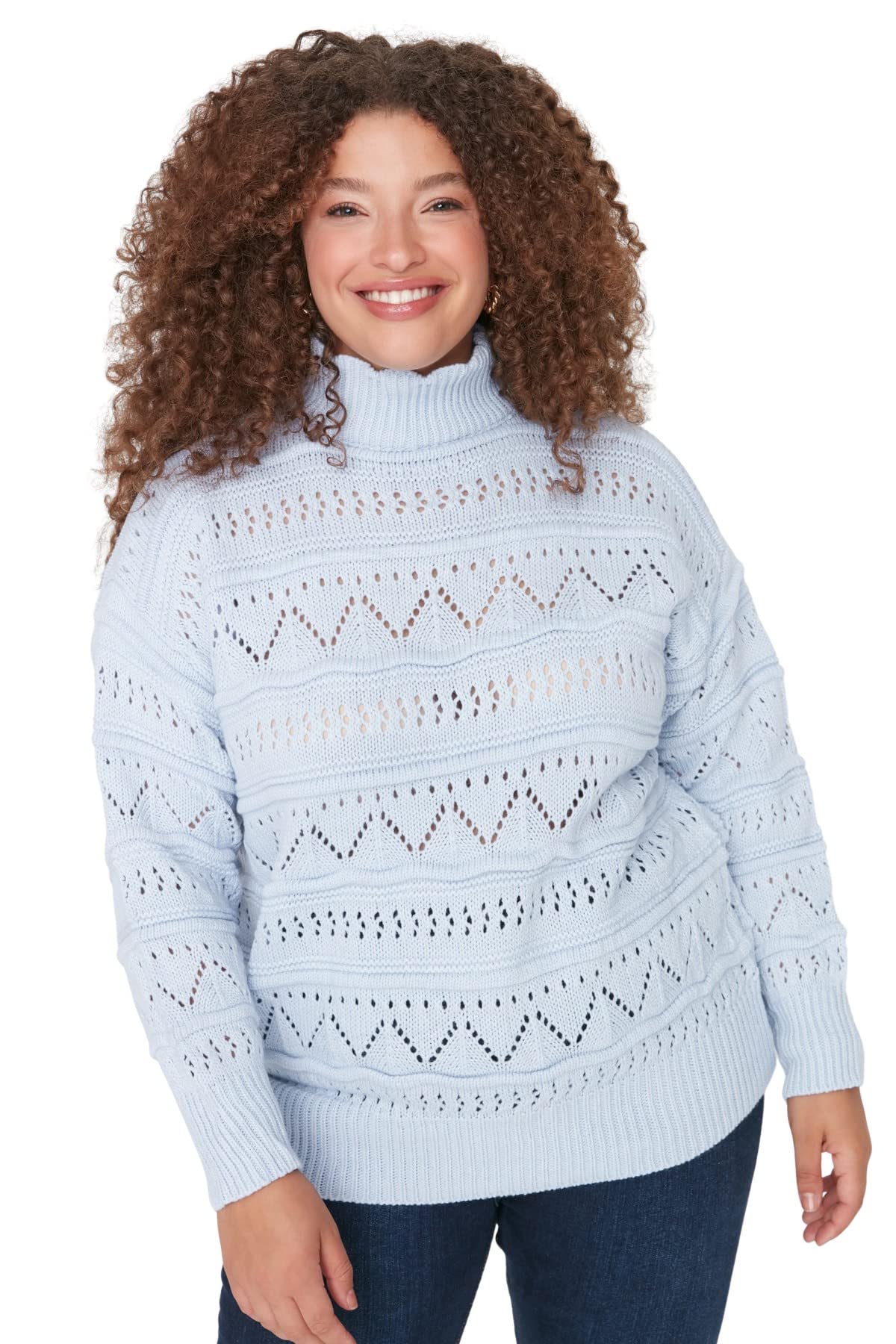 Trendyol Women Plus Size Relaxed Double-Breasted Crew Neck Knitwear Plus Size Jumper Light Blue