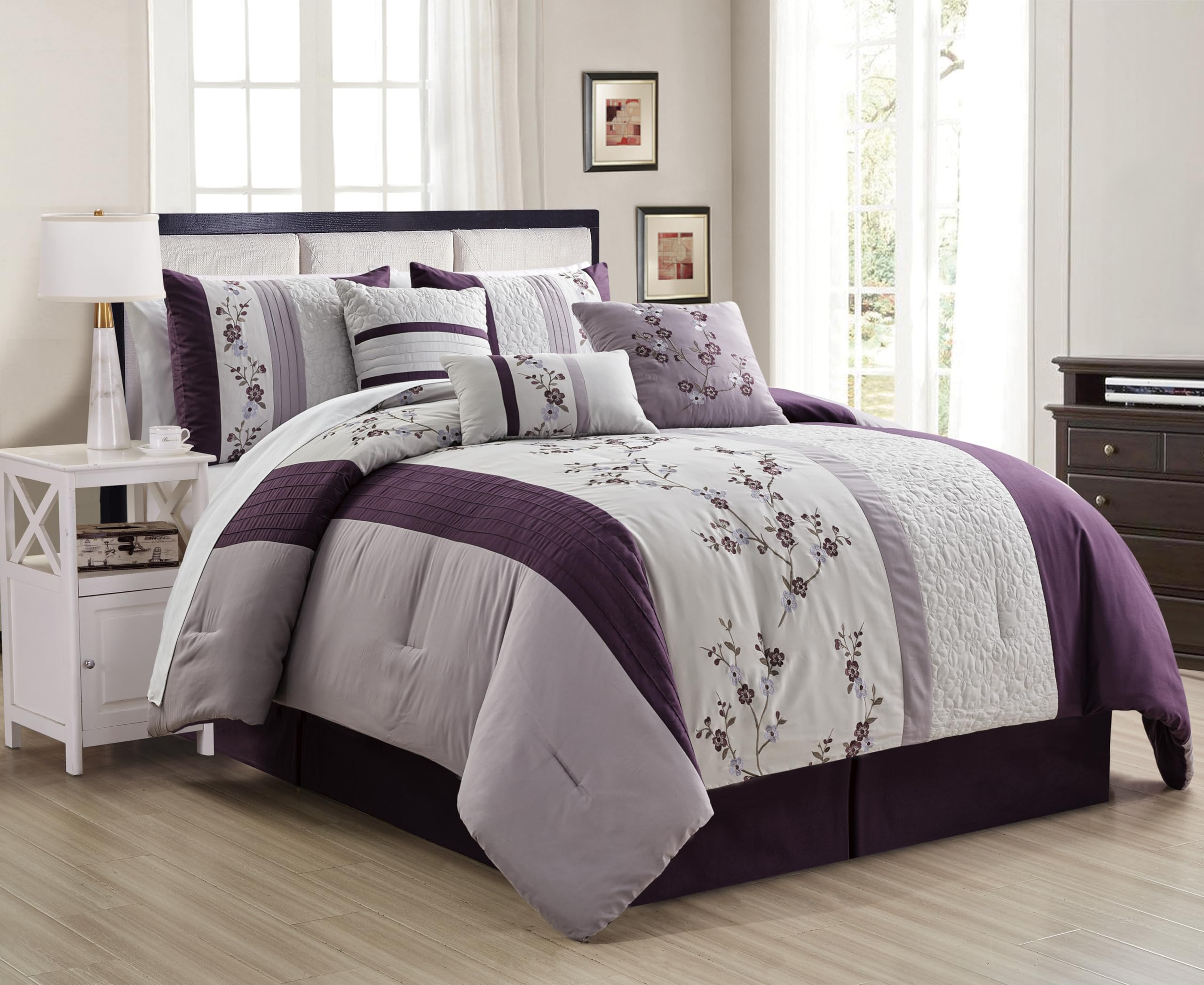 Chezmoi Collection Linnea 7-Piece Luxury Purple Lavender Gray Cherry Blossom Floral Embroidery Comforter Set, King