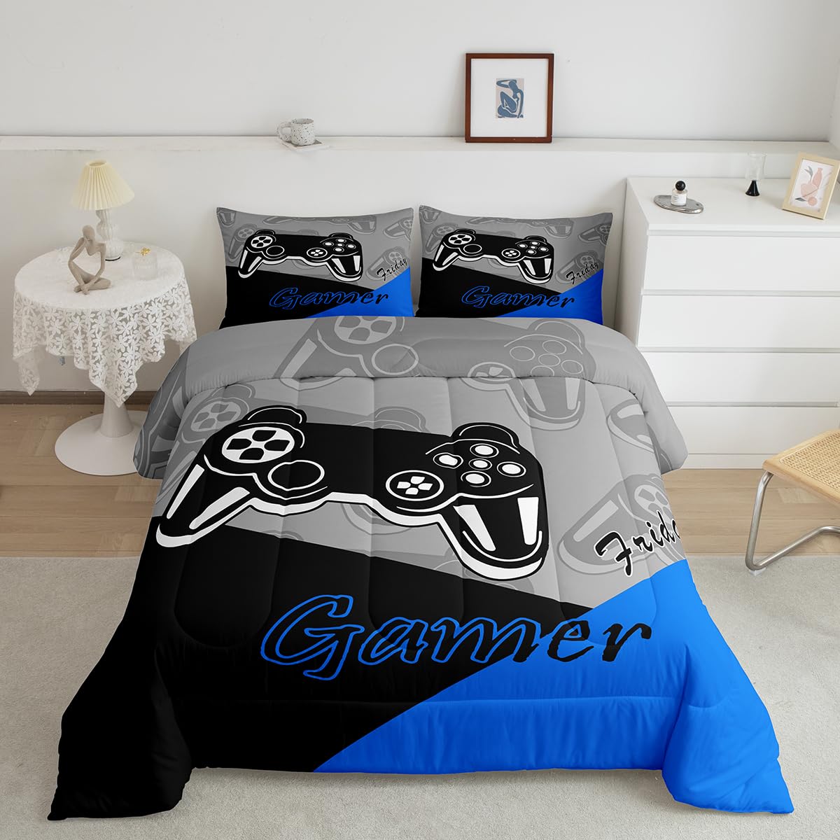 Feelyou Gaming Comforter for Boys Teen Video Game Bedding Set for Kids Gamer Comforter for All Season Gamepad Home Decor for Comforter Set Twin Size,1 Comforter with 1 Pillowcase Blue Black Grey