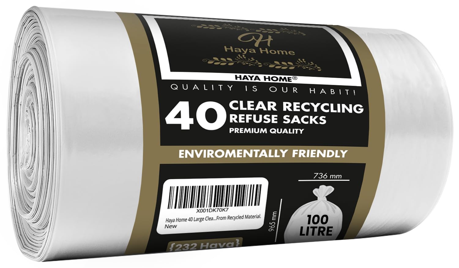 Haya Home 100L 40 Large Clear recycling bags Transparent Recycling Bin Bags, Rubbish Bags and Refuse Sacks 120 Gauge Bin Liners Heavy Duty Bin Bags Large Waste Bags From 100% Recycled Material