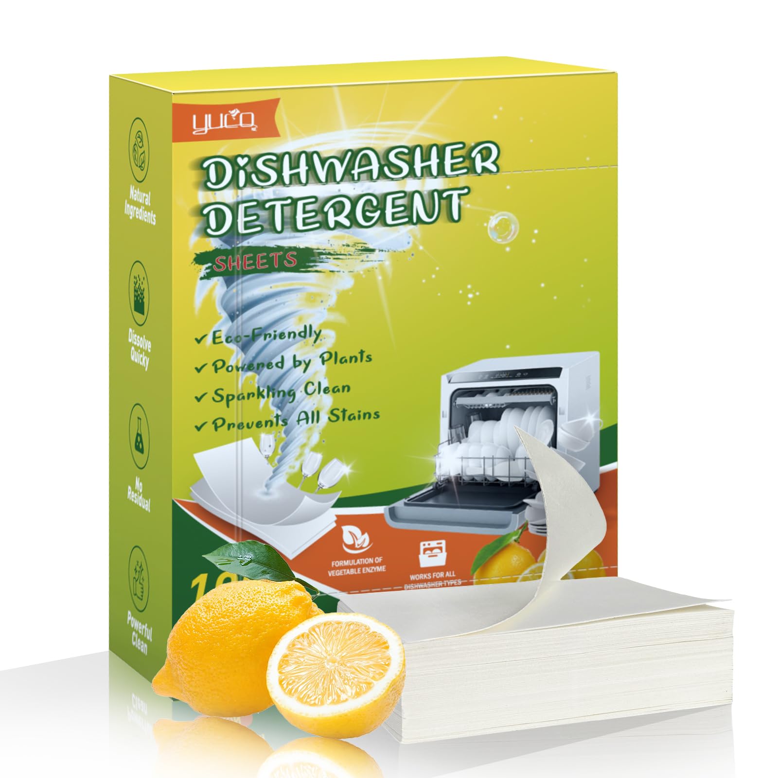 YCUO Dishwasher Detergent Sheets 100 Loads,Dishwasher Cleaner Alternative,Double Cleaning Formula,Plastic Free,Fully Biodegradable Dishwasher Sheets,Contains Lemon Fragrance with Sustainable Packaging