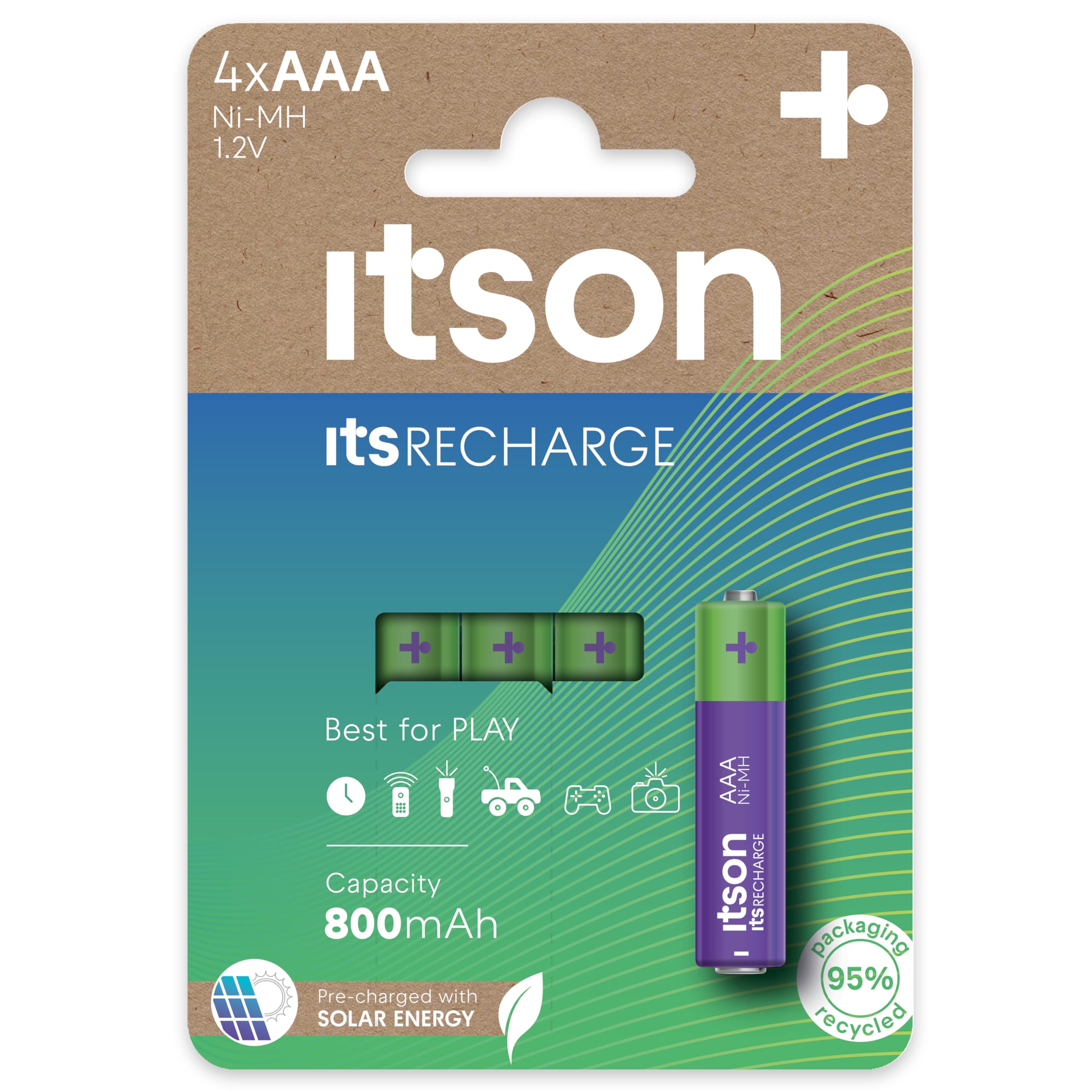 ITSON, AAA rechargeable battery, pack of 4, min. capacity of 800 mAh, pre-charged, packaging made of 95 Percent recycled materials, made in Japan, best for remote controls, torches, clocks
