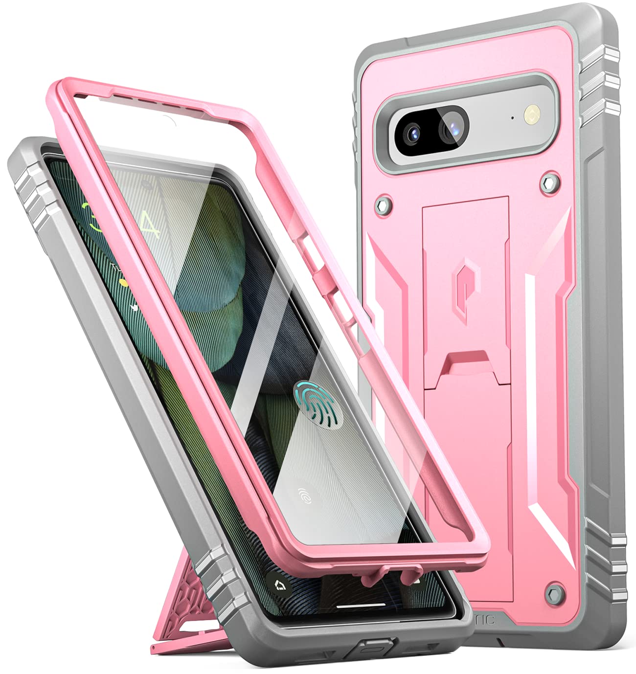 Poetic Revolution Case Compatible with Pixel 7A 5G, Full Body Rugged Shockproof Protective Cover Case with Kickstand, Built-in Screen Protector Work with Fingerprint ID, Light Pink