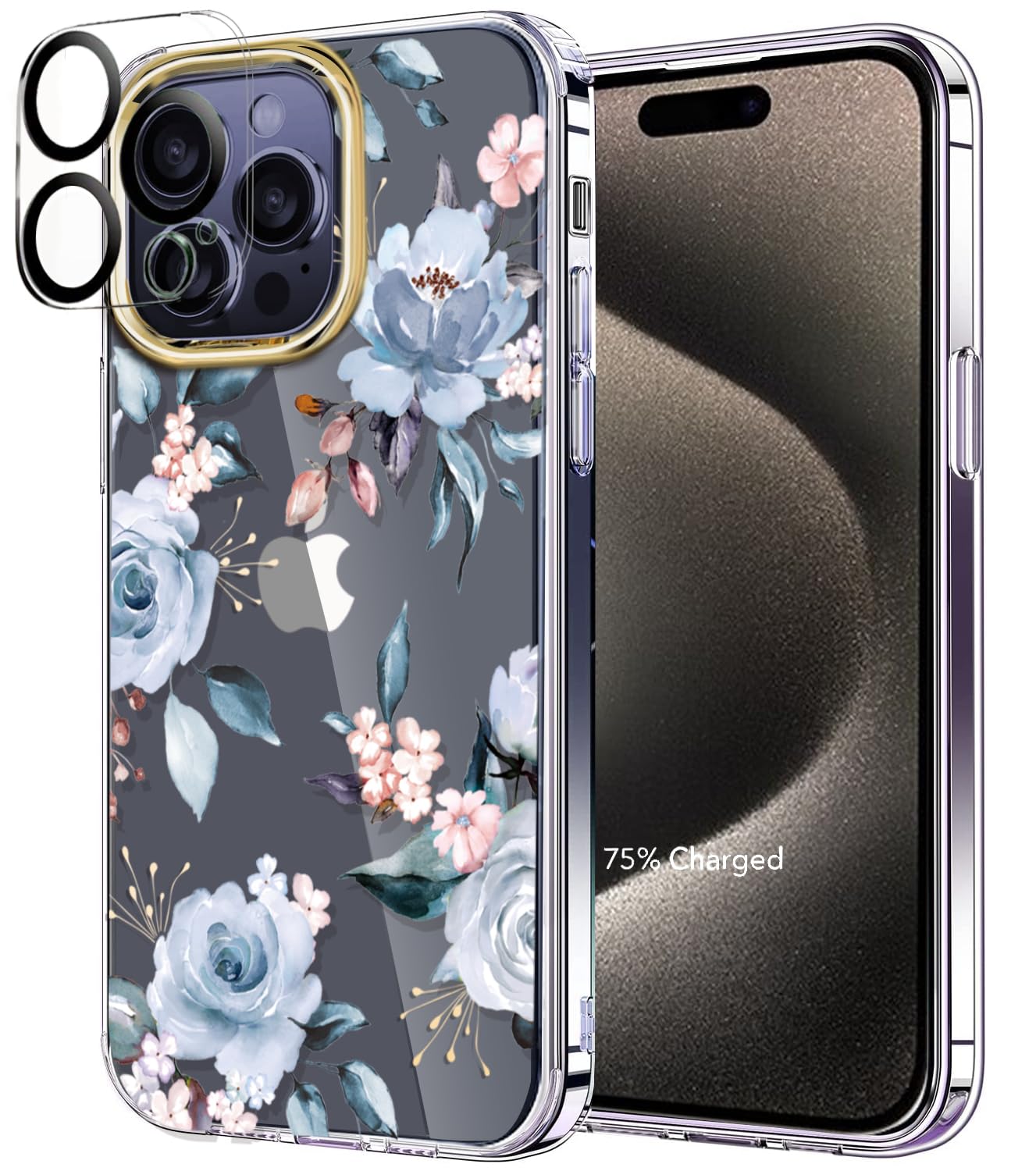 luolnh Compatible with iPhone 15 Pro Case,for Women Girls,Shockproof Clear Floral Pattern Hard Back Cover for iPhone 15 Pro 6.1" 2023 -Blue