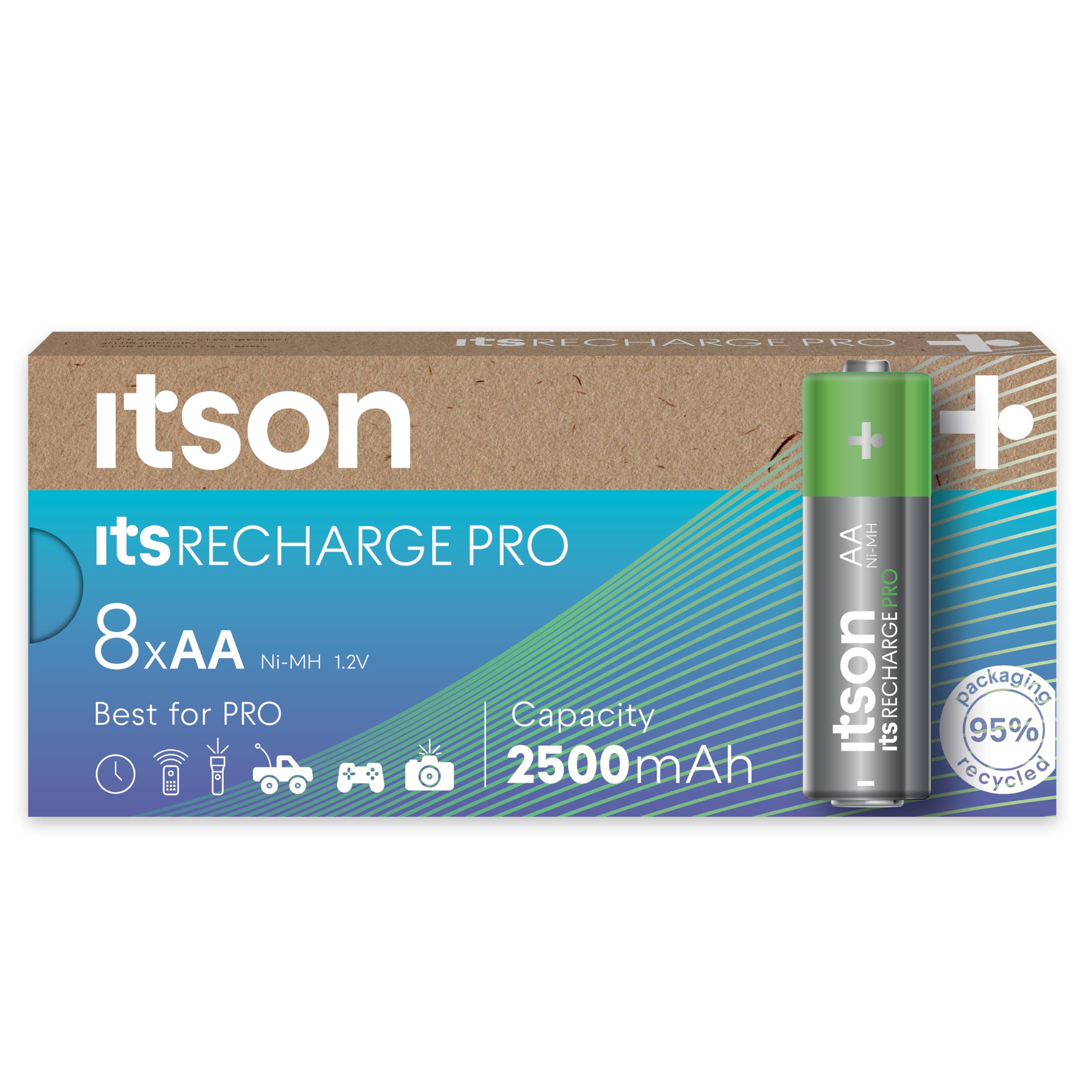ITSON, AA rechargeable battery, PRO, pack of 8, powerful rechargeable batteries, pre-charged, min. capacity of 2500 mAh, packaging made of 95 Percent recycled materials, made in Japan