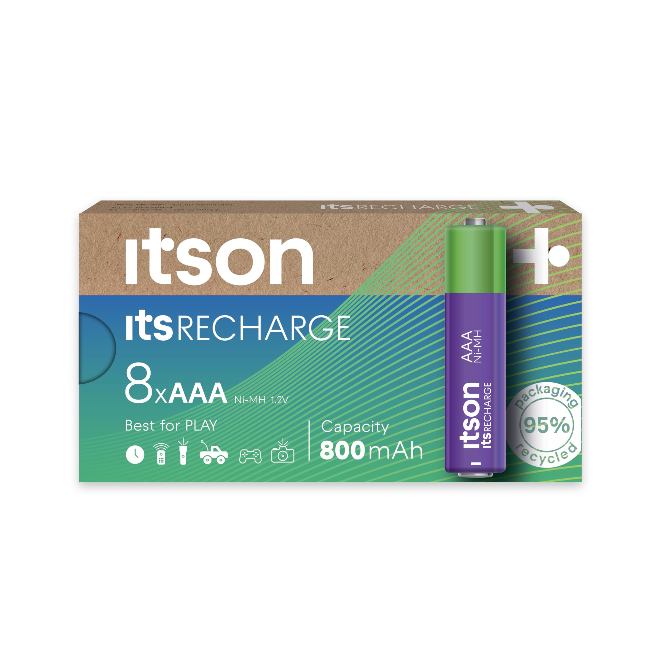 ITSON, AAA rechargeable battery, pack of 8, min. capacity of 800 mAh, pre-charged, packaging made of 95 Percent recycled materials, made in Japan, best for remote controls, torches, clocks