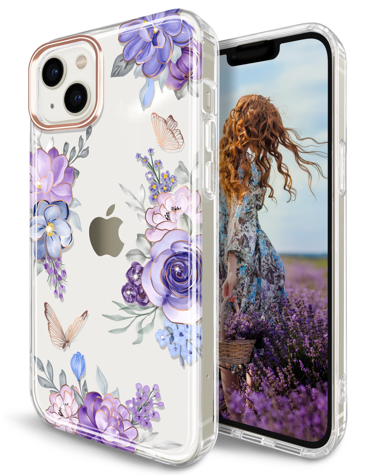JIAXIUFEN Clear Case Compatible with iPhone 14 Glitter Plating Flower Design Protective Shockproof Slim TPU Military Drop Protection Girl Women Phone Case 6.1" 2022 Purple