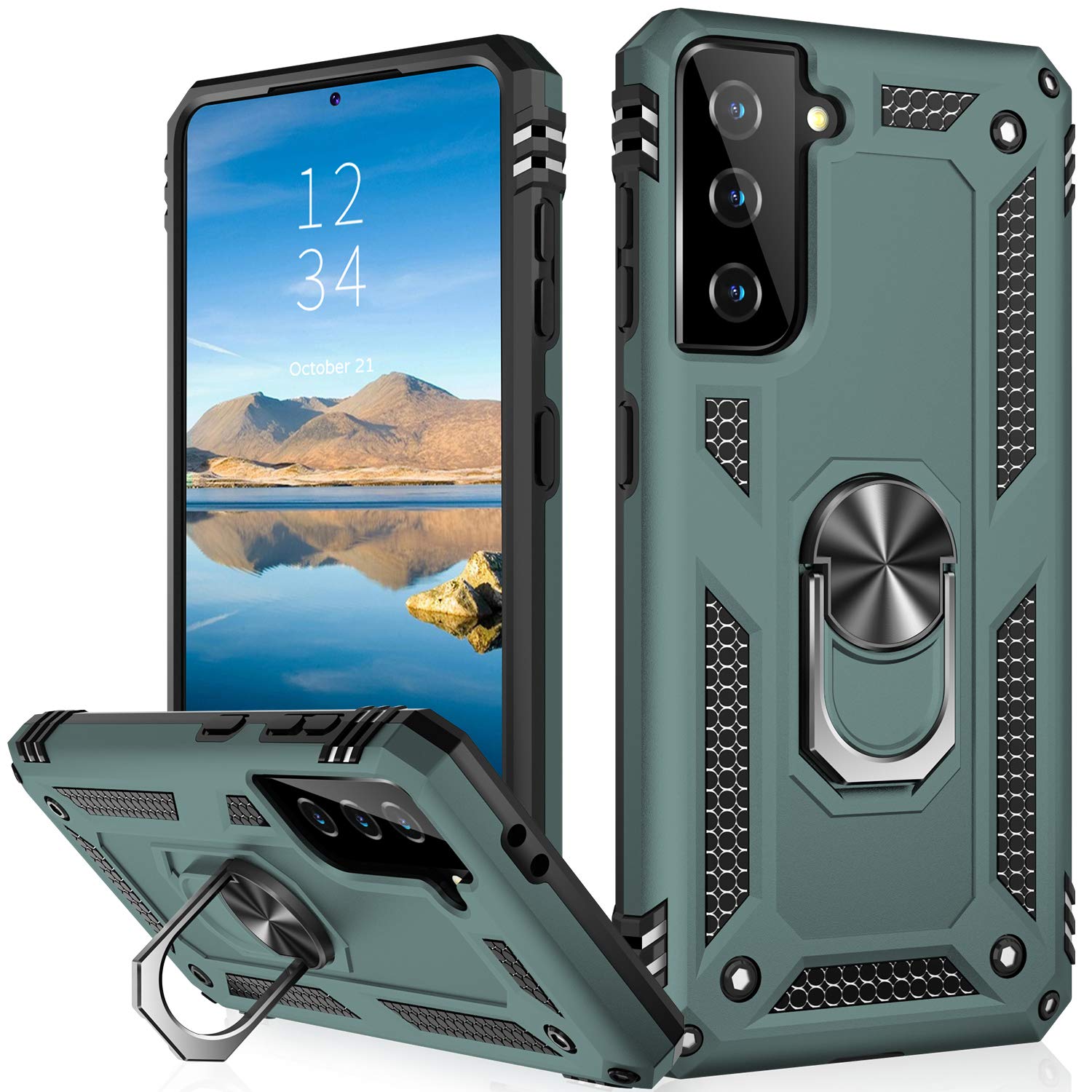 IKAZZ for Galaxy S21 Case,Military Grade Shockproof Heavy Duty Protective Phone Case Pass 16ft Drop Test with Magnetic Kickstand Car Mount Holder for Samsung Galaxy S21 Pine Green