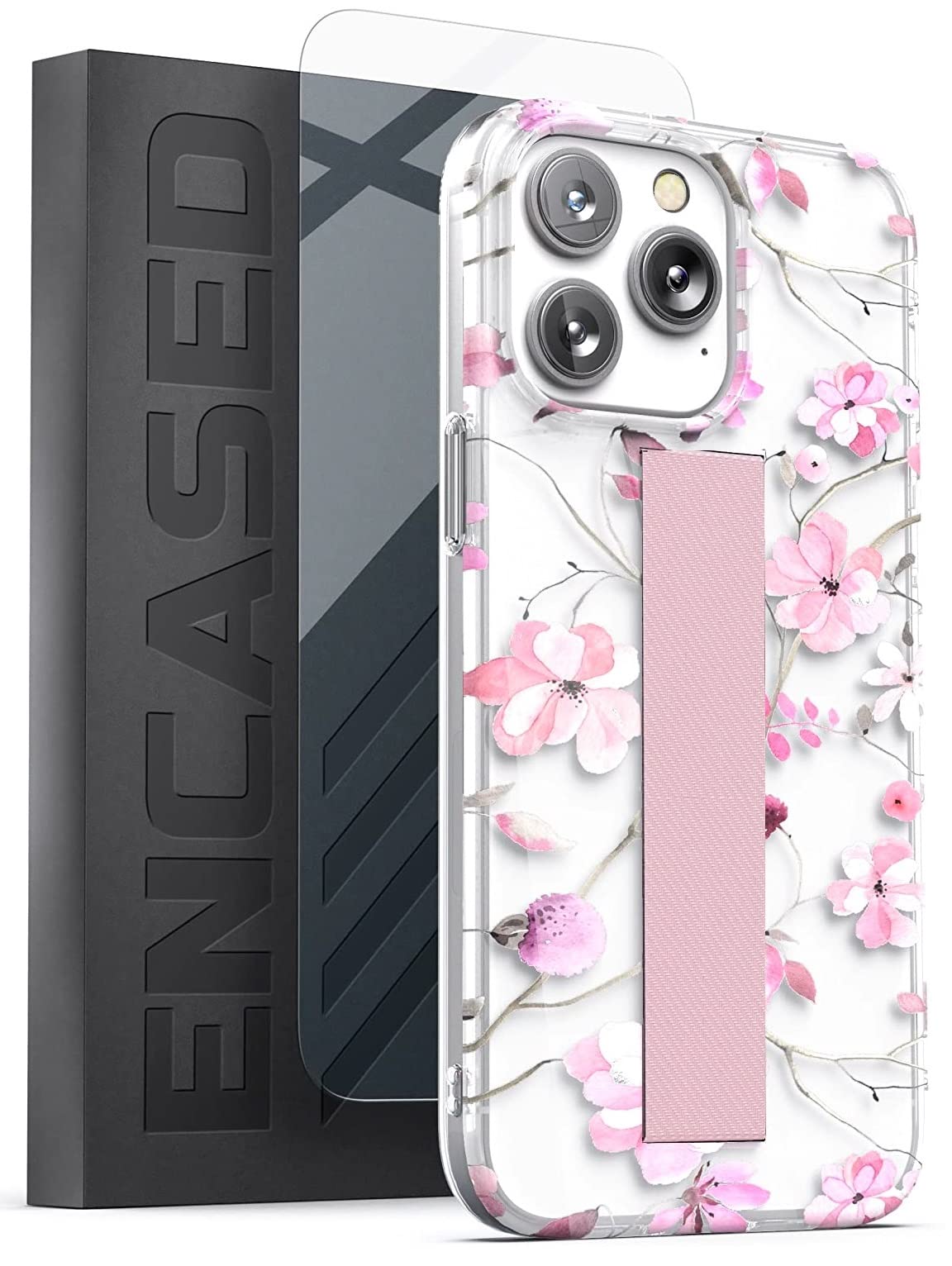 Encased Hand Strap Case Designed for iPhone 14 PRO MAX Case with Finger Grip Loop and Screen Protector (Pink Flowers)