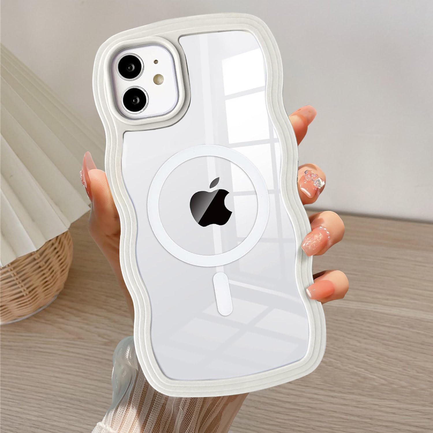 QLTYPRI Magnetic for iPhone 12/iPhone 12 Pro Case Compatible with Magsafe,Cute Curly Wave Frame Clear Case for Girls Women,Transparent TPU Bumper Shockproof Phone Case Cover for iPhone 12/12 Pro-White