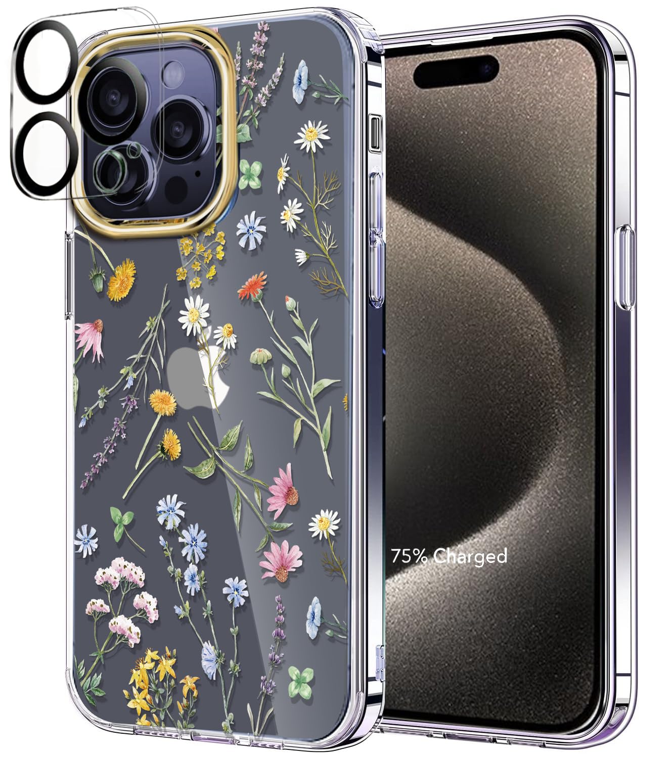 luolnh Compatible with iPhone 15 Pro Max Case,for Women Girls,Shockproof Clear Floral Pattern Hard Back Cover for iPhone 15 Pro Max 6.7" 2023 (Green wildflower)