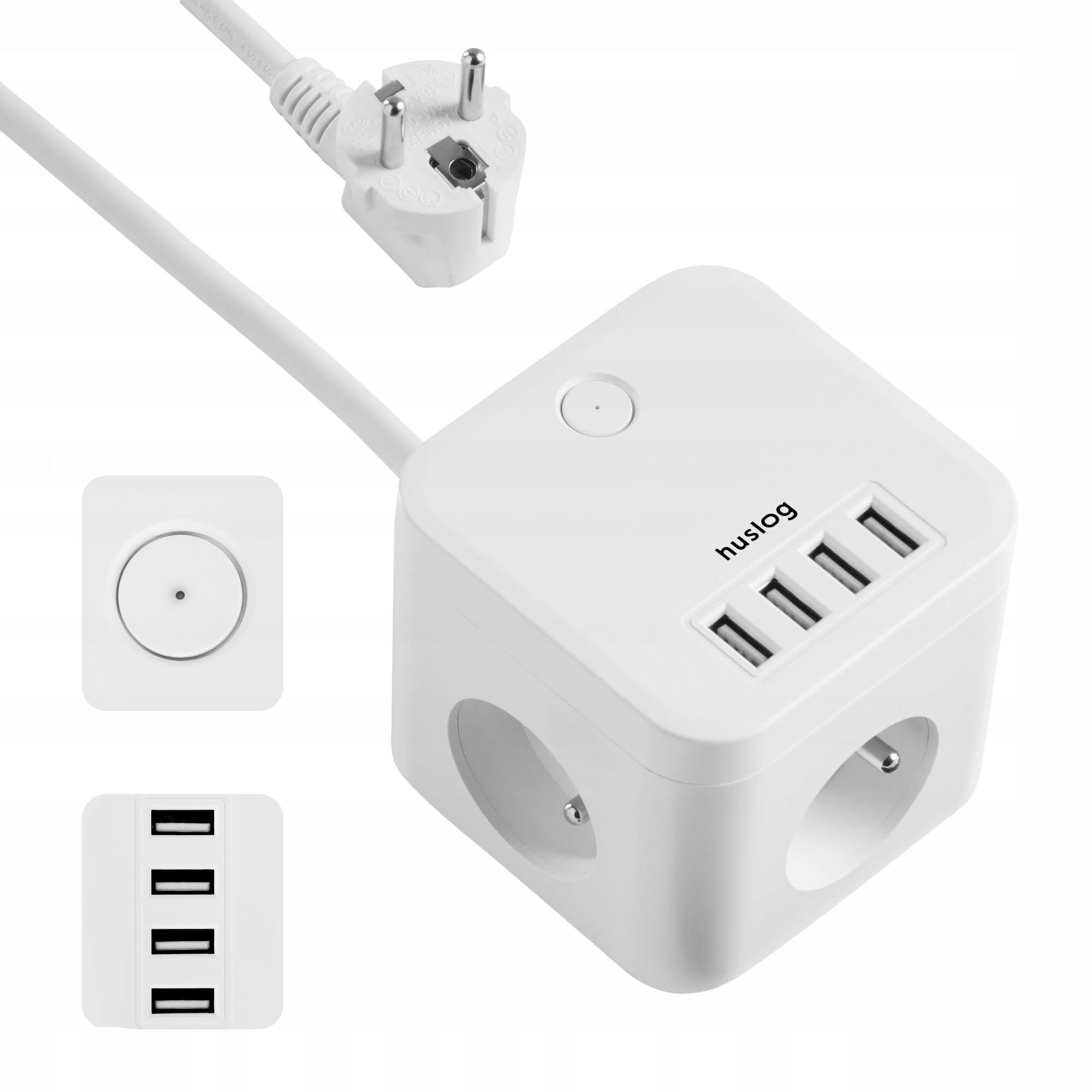 Huslog Cube 7 in 1 Power Strip with 3 Sockets, 4 USB Ports, LED Switch, 230V/10A, 1.5 m Cable, Ground, Non-Slip Base, Compact for Office & Home, White