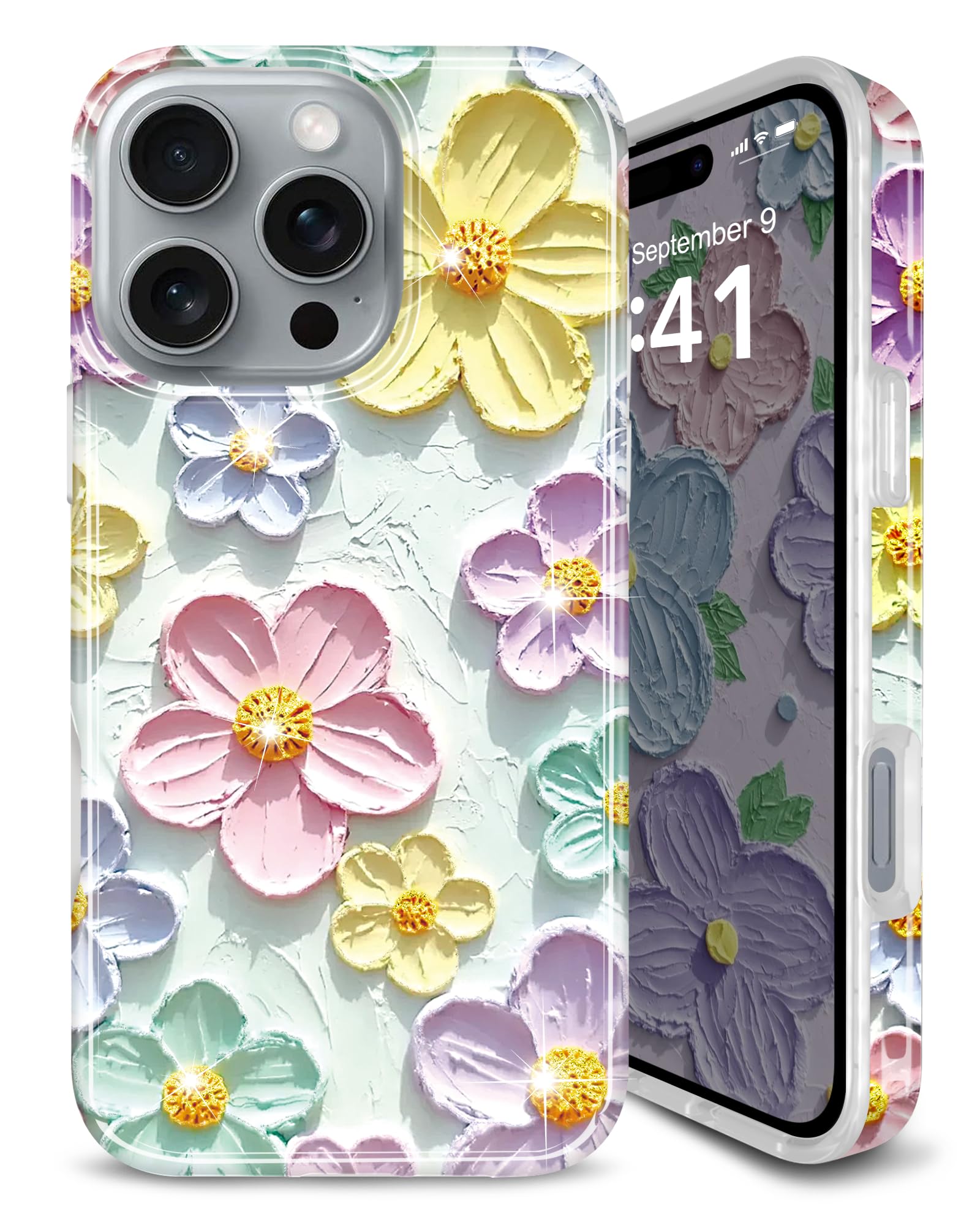 JIAXIUFEN Case for iPhone 16 Pro Max 6.9" Sparkle Glitter Retro Oil Painting Flower Design Slim Shockproof Protective TPU Cover Phone Case 2024 Mint Colorful