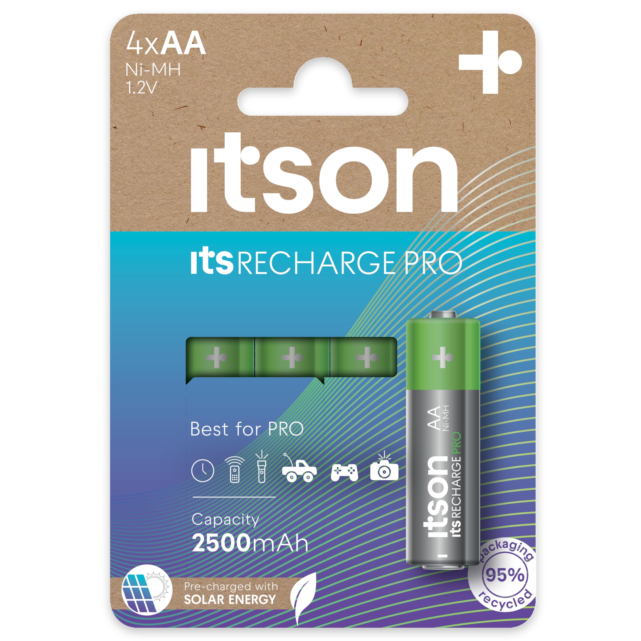 ITSON, AA rechargeable battery, PRO, pack of 4, powerful rechargeable batteries, pre-charged, min. capacity of 2500 mAh, pre-charged, packaging made of 95 Percent recycled materials, made in Japan